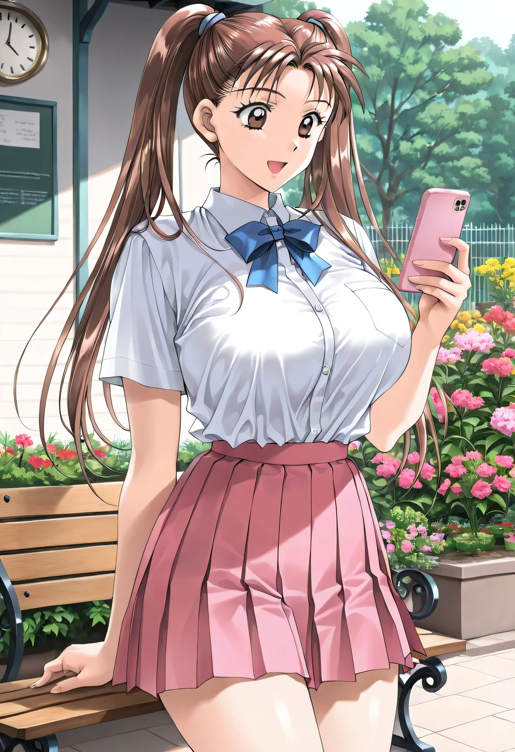 masterpiece, newest, vibrant, very aesthetic, high contrast, mature woman,solo,((KanouRyouko, twintails, brown hair, long hair, brown eyes)),((school uniform,white shirt,blue ribbon,pink pleated skirt)), ((Big Breasts:1.4)), (smile,open mouth),((garden,Outdoors, bench,Detailed Background)),((look at their phones,in front of the clock,Waiting for Someone)),Highest Quality, semi-realistic, Cowboy Shots,kadoi aya style, Fullmetal Alchemist anime style, ((Look viewers)),clips dialog