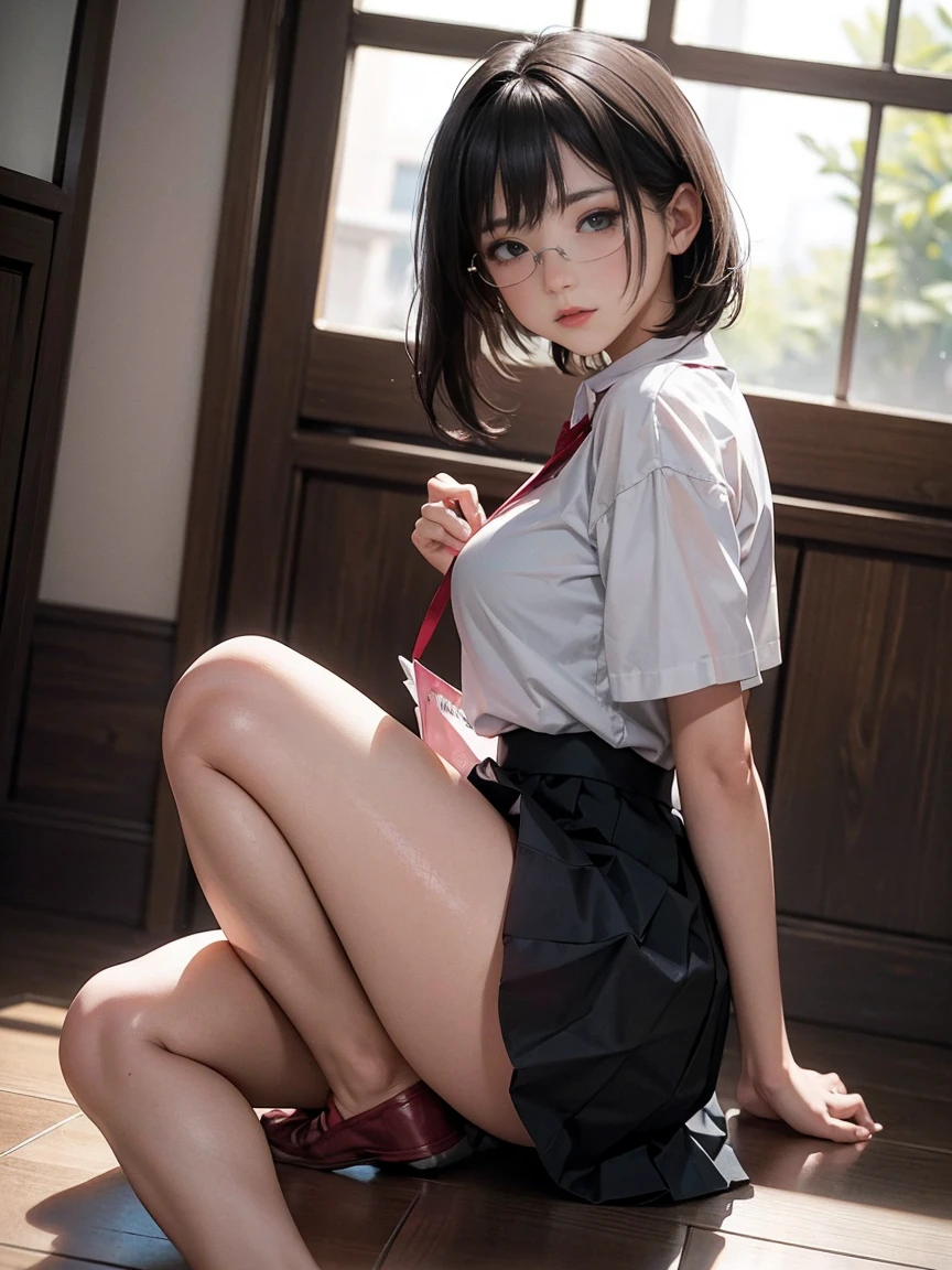 ((masterpiece,Highest quality:1.3,best quality illustration)),(realistic),cowboy shot,独奏,1woman,(18 year old beauty),black hair,short bob hair,blunt bangs,black eyes,gorgeous big eyes,((very small head:1.3)),shy,tears,((very long body:1.2,skinny)),medium breasts,(tan skin,Sleeveless white shirt、Red bow tie、Black plaid mini skirt、white_thighhighs),sweat,gleaming skin,toned body,slender body,squatting,spread legs,peeing,Back Alley、Shibuya Station、