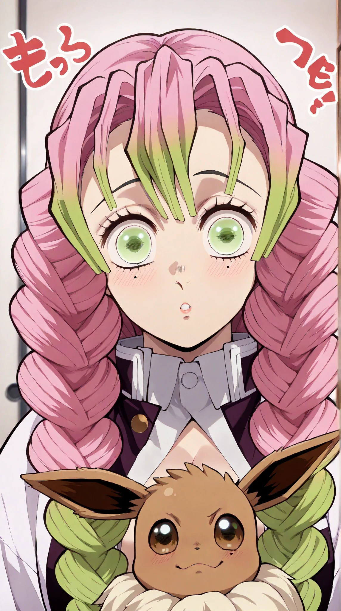 (masterpiece, best quality), intricate details,
MitsuriKanroji, kanroji mitsuri, 1girl, solo, long hair, winking, green eyes, pink hair, braid, green hair, twin braids, smile, cute smile, blushed smile, blush, blushing, large , huge breastni top, collarbone, neck, bare shoulders, pink bikini top, cleavage, topshot from above, perfect shot, plain background, white background, photoshoot, complete head in frame, zoomed out, top of head, perfect shot, perfect framing, background
