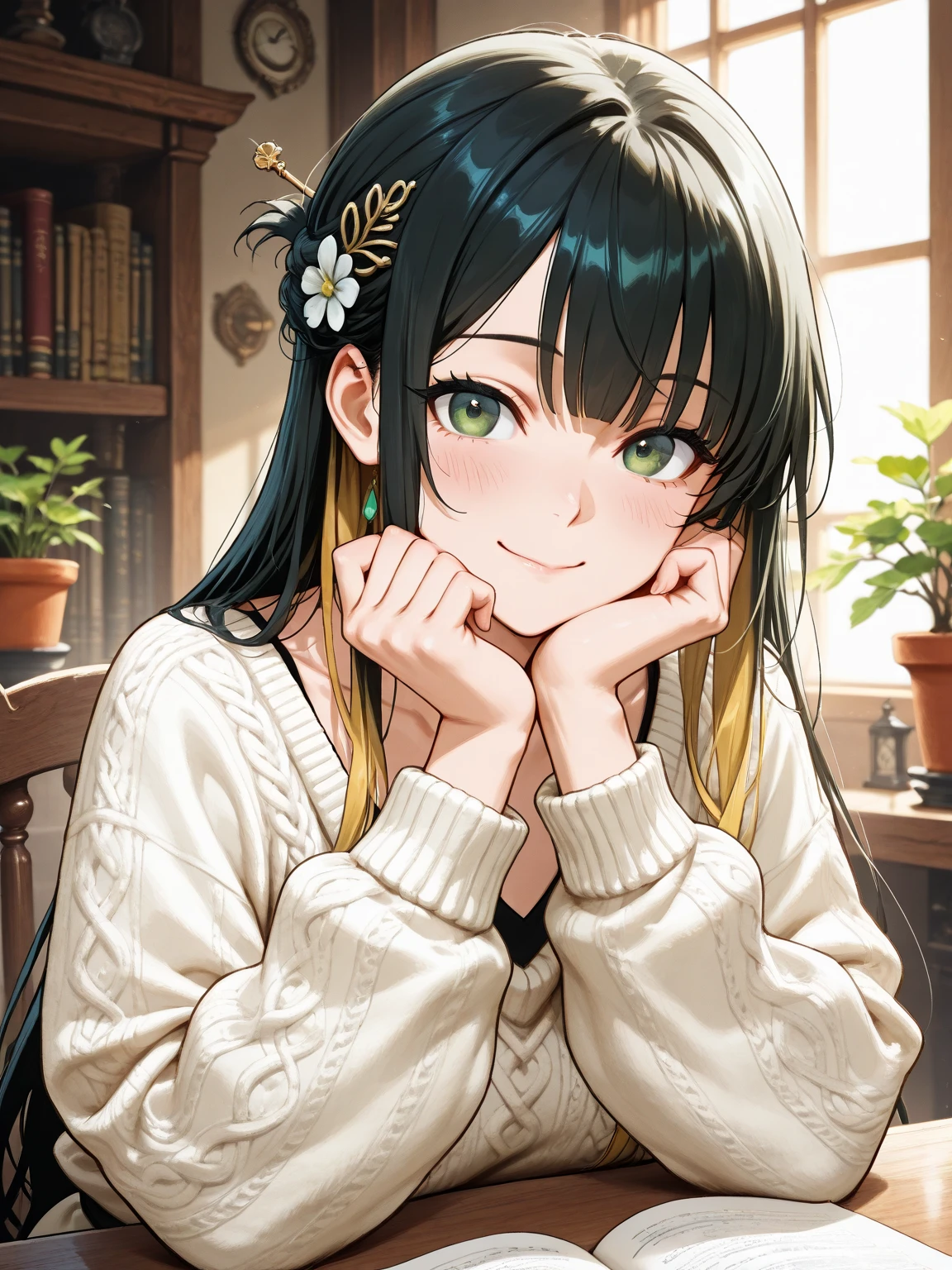 Extremely Detailed, super realistic digital illustration of a beautiful young Asian woman, from the waist up, is set in a calm and peaceful environment. Perfect porcelain-like skin shines gently with a natural blush. expressive emerald green eyes, quiet Exudes charm and warmth, long, Delicately rolled eyelashes for perfect beauty. Subtle, has a gentle smile on everyday lips with a natural luster, emphasizes high cheekbones and gentle jawline.
Her silky black hair flows in long, 肩と背中に流れ落ちる波状のhair, creates a warm and inviting atmosphere. 細い前hairが繊細な顔を包んでいる, captures soft golden highlights. a small, simple hairpin rests near her temple, Adds a touch of understated elegance.
she is comfortable , cream oversized knit sweater with soft texture and gentle creases for perfect beauty, is set in a calm and peaceful environment. The high neck modestly emphasizes her slender neck, The intricate patterns and shadows on the fabric bring a sense of reality and depth. with long sleeves 、slightly covering her hands, enhances a cozy and nostalgic atmosphere.
depicts a calm and familiar indoor setting, Natural sunlight shines into the room through softly illuminated windows. A wooden bookcase full of books, A cup of tea placed on a desk, and small horned potted plants add warmth and comfort to live in. This composition is wrapped in soft light, Soft White, and gentle gray creates a calm atmosphere, creates a comfortable and relaxed atmosphere.
She is gently staring at her with big eyes, 拡散自然光 , Her thin bangs cover her delicate face, hair, and background elements . The gentle interaction of light and shadow enhances the sense of depth, This image is very vivid It makes it very immersive.
This ultra-high definition, High quality illustrations capture the essence of beauty, combines warmth and realism into an intimate and quiet setting, Score_9, score_8_up, score_7_up, masterpiece, source_anime,Fist of the North Star _rei,1boy,blue iong hair,in a dynamic pose