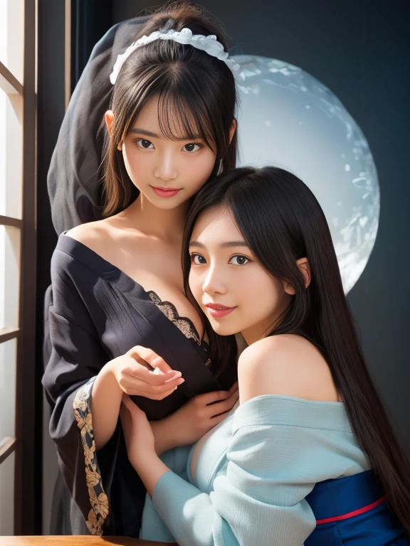Many beauties touch each other., (clear shirt: 1.2), (open shirt), Light-colored clothes, Sleeveless, big breasts, Breasts erect, close range, two women lying on the bed posing for photos., The whole body is surreal., Beautiful and detailed on both the body and face., gorgeous figure, Ponytail, clear, smile, moan, tease, Surreal full body, Beautiful and detailed on both the body and face., Extra long viewing angle, white skin, Bright colors, Asia, There was hardly anything in the clothes., Blurry, underwear chinese clothing