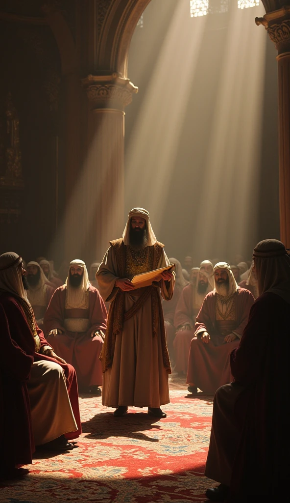 "Description: Show a council of ancient religious leaders debating the inclusion of the Book of Enoch in the canon. The scene should capture the tension and weight of the decision-making process, highlighting the factors considered in determining a text's canonicity.
Details: The setting is an ancient, grand hall with tall pillars and a large round table. The council members, dressed in traditional religious attire, are depicted in animated discussion, some gesturing towards the Book of Enoch scroll on the table. Their expressions range from contemplation to concern, suggesting differing opinions on the text's inclusion. The scroll itself is adorned with intricate symbols and illustrations, hinting at its rich content. The background features ornate wall carvings depicting biblical scenes and a large, illuminated window casting a divine light onto the scene, symbolizing the weight and sanctity of their deliberation."
