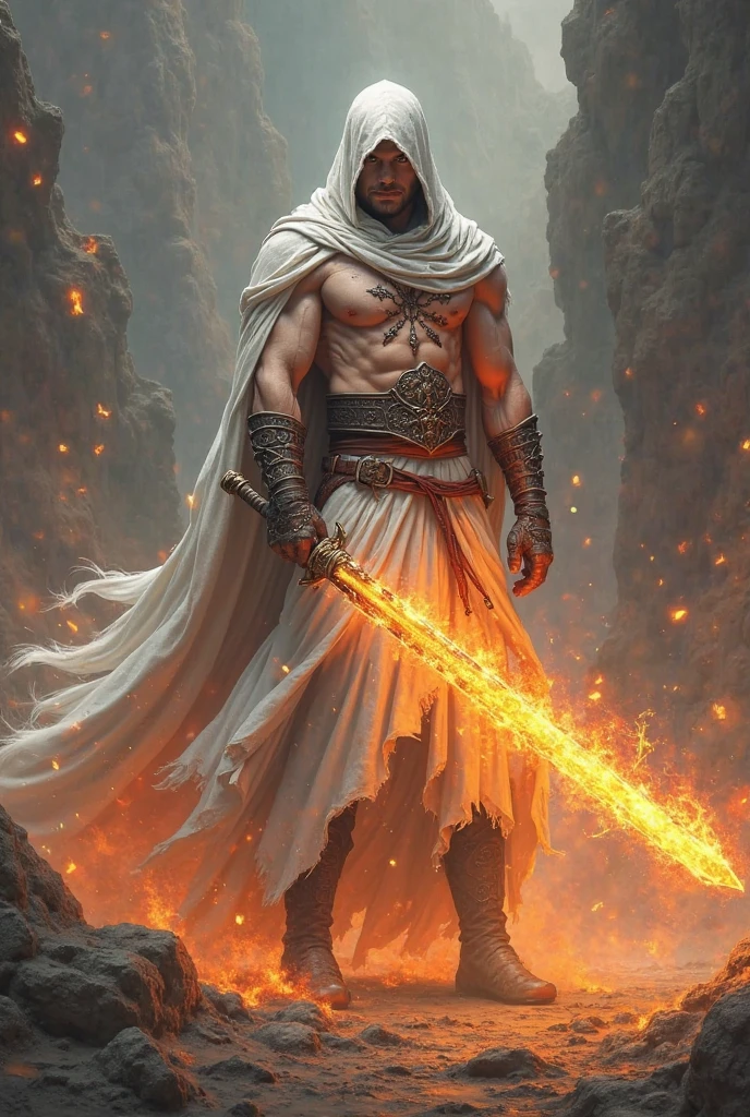 Fire double blade sword with dragon scale handle and flaming blade in Star Wars double lightsaber style