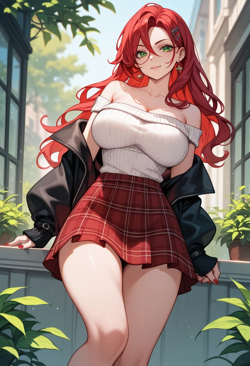 Masterpiece artwork, best qualityer, highres, 1girl, sexly, sensuous, big-ass, big boobies,Red hair, long hair, multicolored hair, Eyes red, jewelly, earrings, piercing,  Bikini, black choker, plaid hip skirt, ssmile, ssmile, standingn, tiro de cowboy, plein-air,