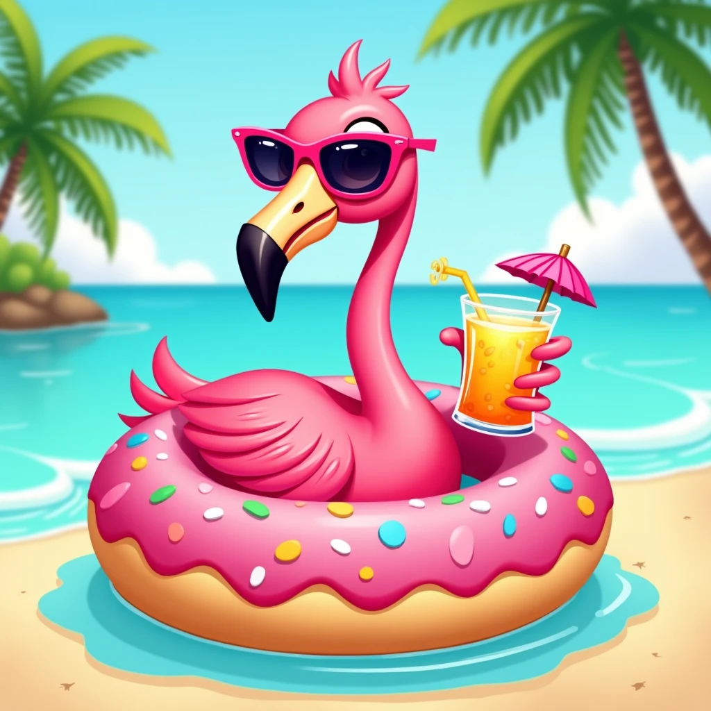 Zsa Zsa, the female anthropomorphic Vain Sulphur-Crested Cockatoo in her yellow bikini is floating on her inflatable donut innertube in her private swimming pool, with her Budgie birdies watching her from the poolside.