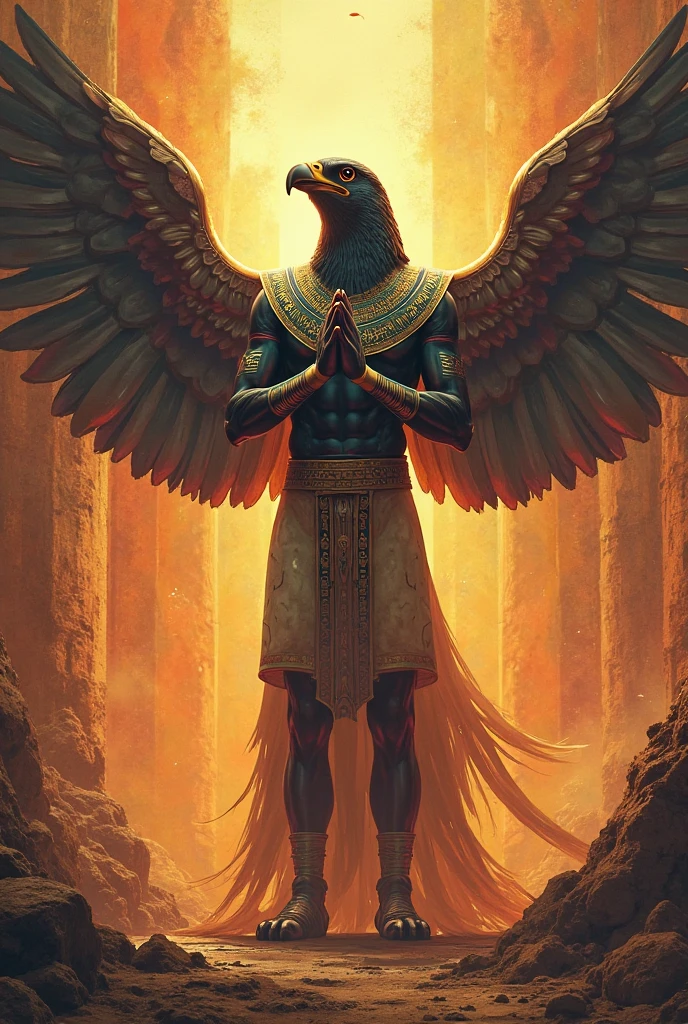 Create an Egyptian painting with 2 goddesses of Isis with open wings ,both on the sides, and in the middle of them the god Horus, all with mystical Egyptian decoration.