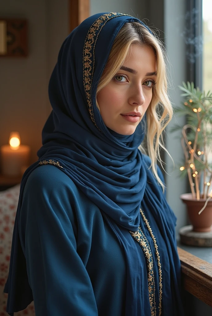Close-up, blonde, plump woman, wearing a blue, gold embroidered abaya, holding a scarf with the Algerian flag in white and green, perfect clarity of the entire image, sharpness of the face and eyes, intricate details 64k 32k HDset green nature background 