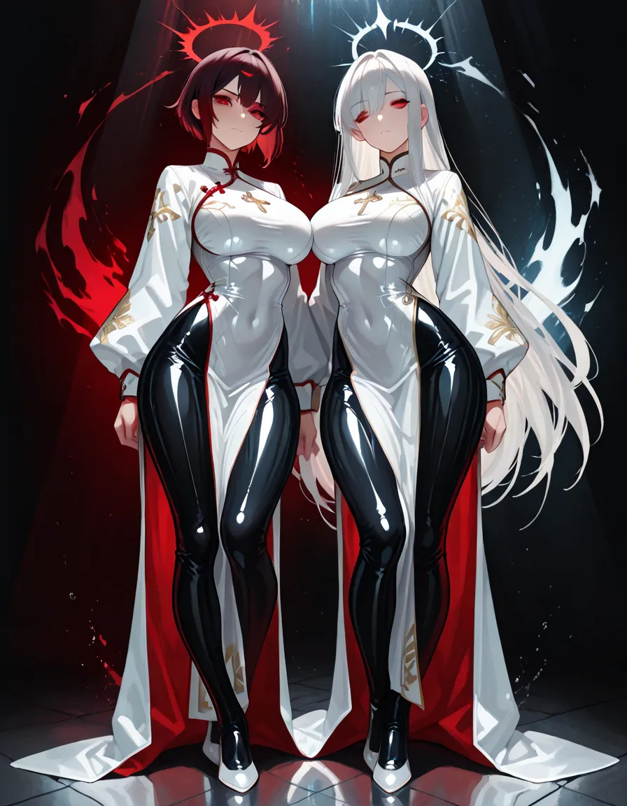 Concept art of anime character, young woman, 21 years old, white short hair, glasses, huge breasts, white fashion shirt, black leggings, full body, two poses, one dynamic pose, one static pose