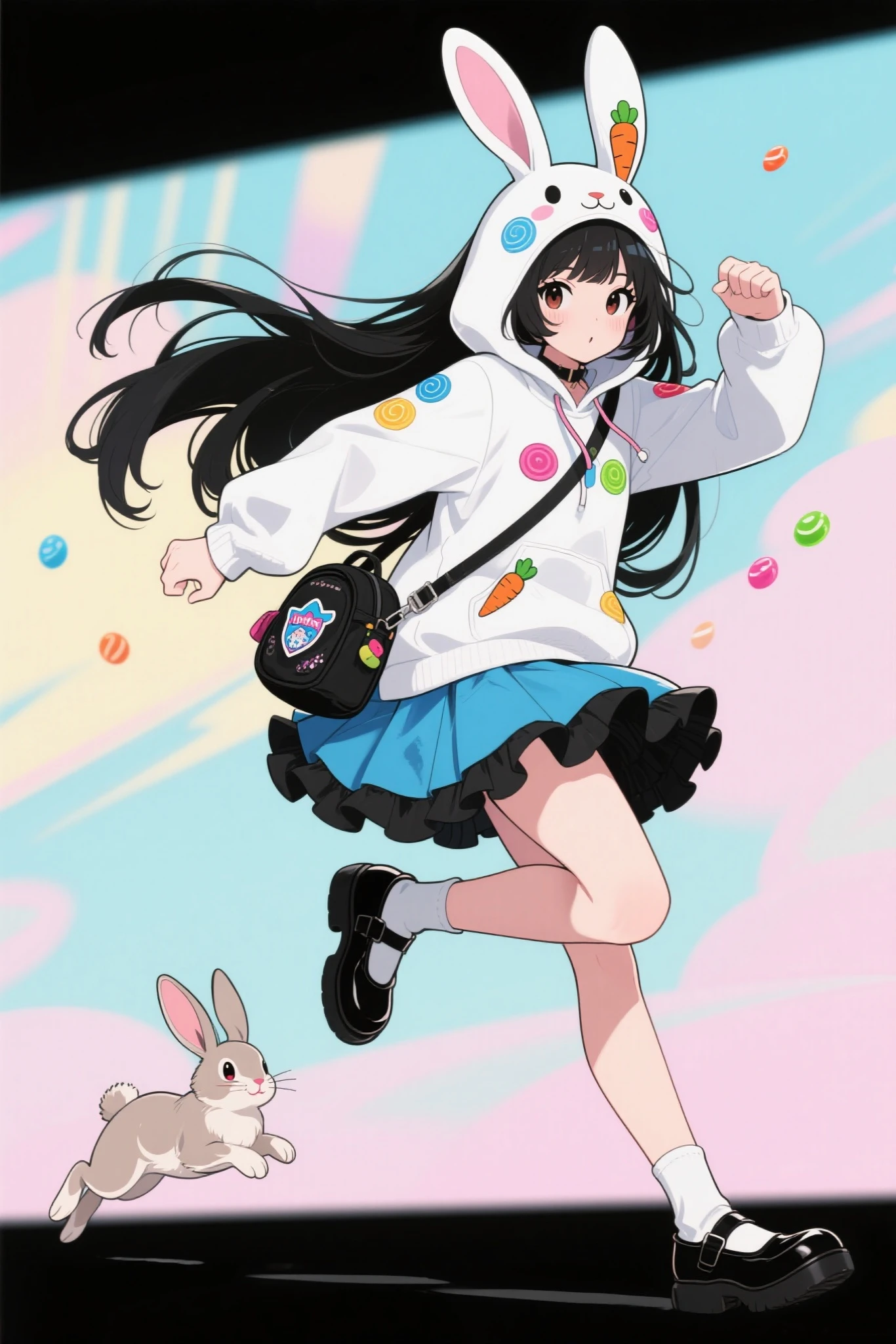 This girl's character is depicted in playful, dynamic poses, Kicking movement,Brown Braided Hair ,has a slightly open mouth, squirrel tail,I'm wearing a squirrel striped hoodie with squirrel ears,Layered dress with purple skirt and orange ruffles,wearing black loafers,has a small backpack,A few squirrels are running beside her,The background has an overall abstract atmosphere in soft pastel colors,complements her vivid taste,animeキャラクター,portrayed in strong composition on a large screen, anime, production animeーションセル, candy-punk character design,   production art