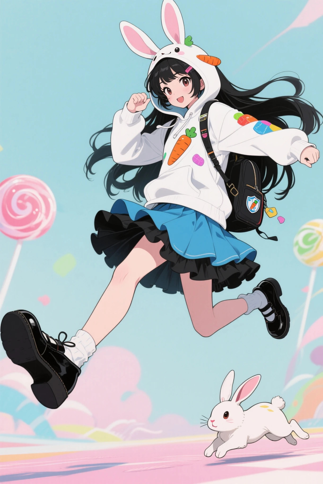 This girl's character is depicted in a playful and dynamic pose, Kicking movement, and I'm wearing a white rabbit-themed rabbit ear hoodie with carrot details and colorful patches,long black hair flowing behind,layered dress with a blue skirt and black frills,wearing black loafers,carrying a smaller backpack,emblem attached as an accessory,rabbit running beside her,overall whim It's abstract in soft pastel hues that complement the vibrant vibe,animeキャラクター,drawn in a powerful composition on the big screen, anime, production animeーションセル, candy punk character design, production art