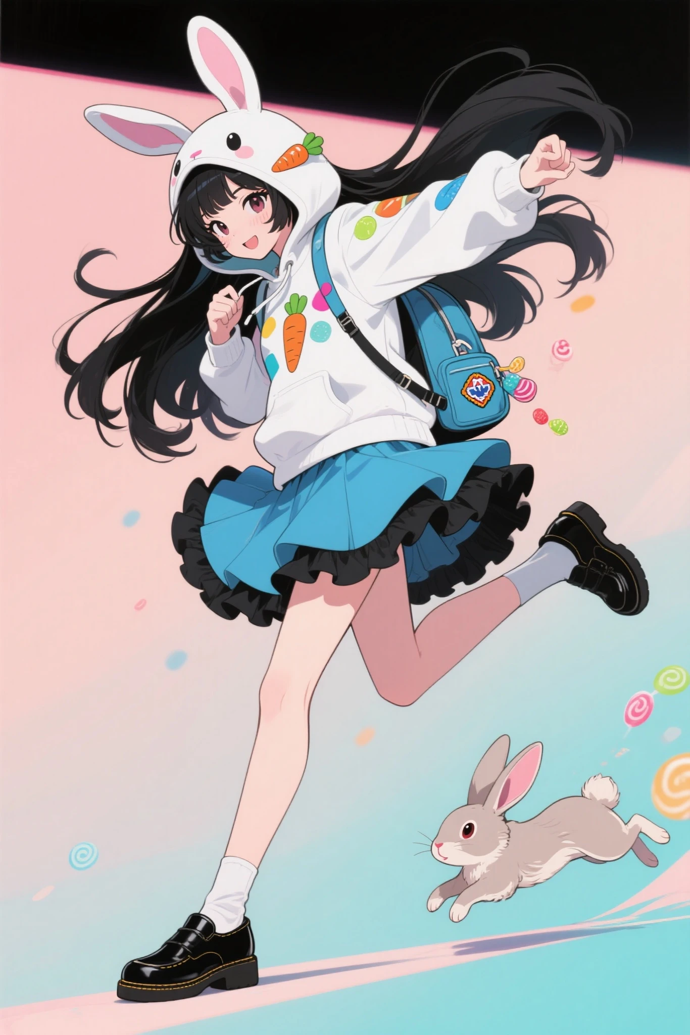 This girl's character is depicted in a playful and dynamic pose, Kicking movement, and I'm wearing a white rabbit-themed rabbit ear hoodie with carrot details and colorful patches,long black hair flowing behind,layered dress with a blue skirt and black frills,wearing black loafers,carrying a smaller backpack,emblem attached as an accessory,rabbit running beside her,overall whim It's abstract in soft pastel hues that complement the vibrant vibe,animeキャラクター,drawn in a powerful composition on the big screen, anime, production animeーションセル, candy punk character design, production art