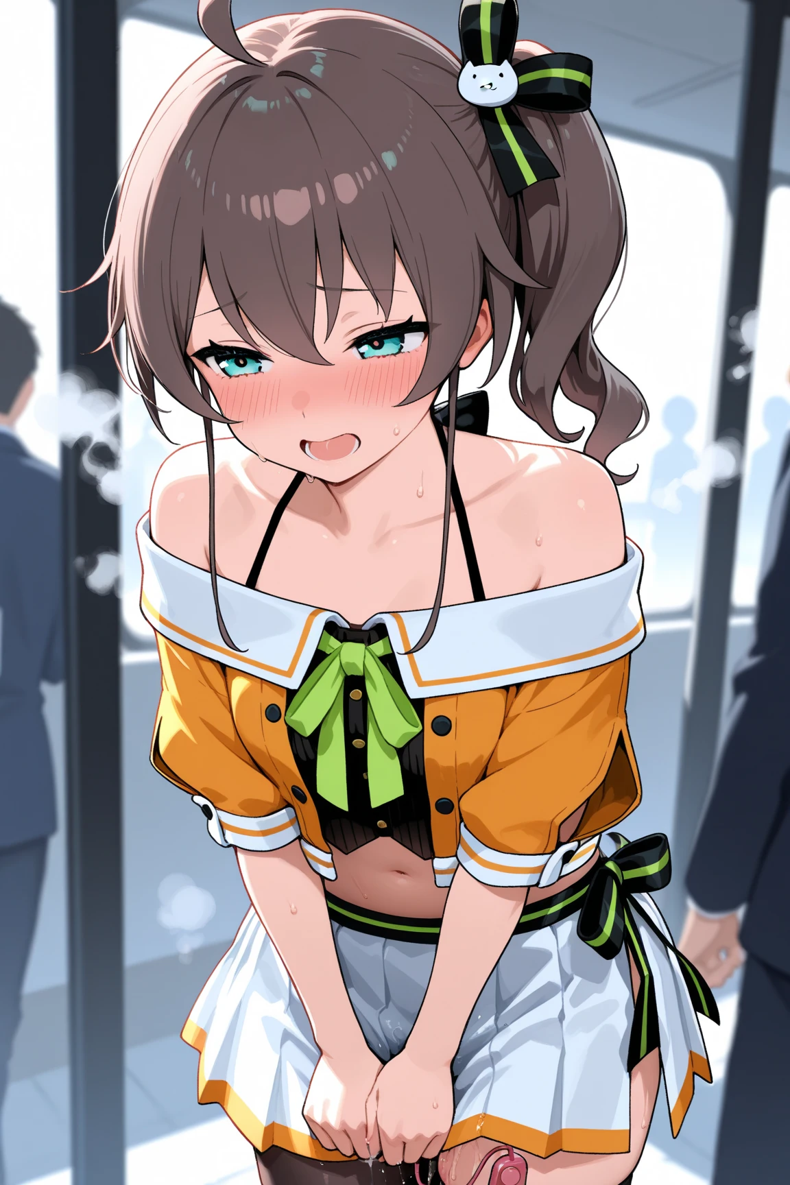 best picture quality, 8K, high quality, masterpiece:1.2), ((masterpiece)), (high detail, high quality, best picture quality), bokeh, DOF, Portrait, open stance, (cute illustration:1.2), (nsfw), (idolmaster), (idol gorgeous costume), (ichihara nina), sunny light, perfectly balanced anatomy, sleeveless, detached sleeve, (both arms behind head, armpits:1.3), detailed eyes, cute round face, (embarrassed), (squatting, spread legs, knee-high boots),