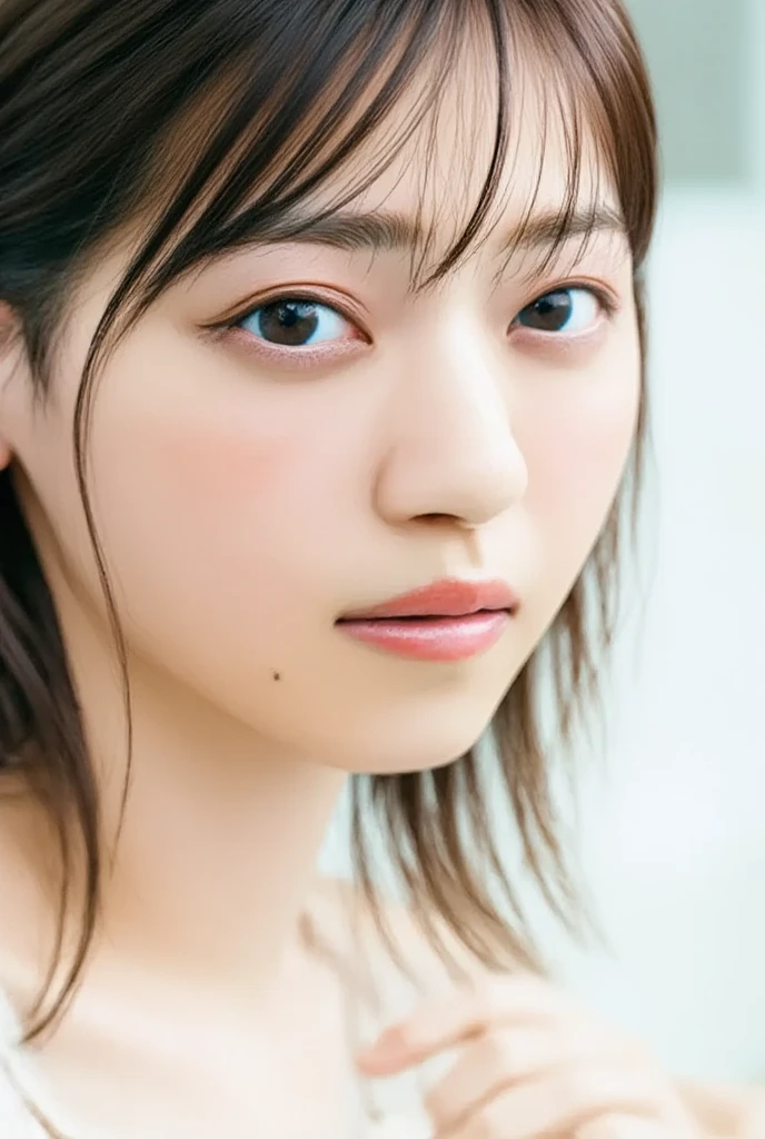 ((Extremely precise and accurate anatomy:1.0)),Cute Japanese Women Photos, Little Woman, 20-year-old, Beautiful and perfect face, brown, Beautiful Face, thin: 1.2, (photo Realistic:1.4), (hyper Realistic:1.4), (Realistic:1.3),
(Smoother lighting:1.05), (Improving the quality of cinema lighting:0.9), 32k,
1 Girl,20-year-oldの女の子, Realistic lighting, Backlight, The light shines on your face, Ray Tracing, (Bright light:1.2), (Improvement of quality:1.4),
(Highest quality Realistic textured skin:1.4), fine grain, Detailed face,
(tired, Sleepy and happy), (smile:0), Face close-up, 
(Accentuates body lines:1.1), (Enhances the beauty of skin texture:1.1)