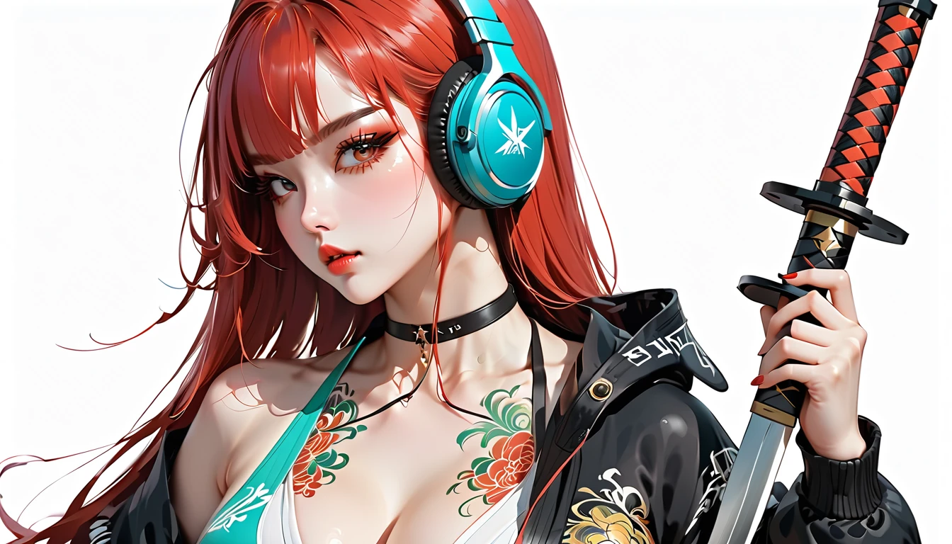 masterpiece, best quality, 1girl, solo, crop top, ((colossal cleavage, ????:1.3)), gym leggings, choker, (graffiti:1.5), paint splatter, arms behind back, (ripped clothes, ???????), against wall, looking at viewer, armband, thigh strap, paint on body, head tilt, bored, multicolored hair, aqua eyes, headset, ????, (((petting ????????)))