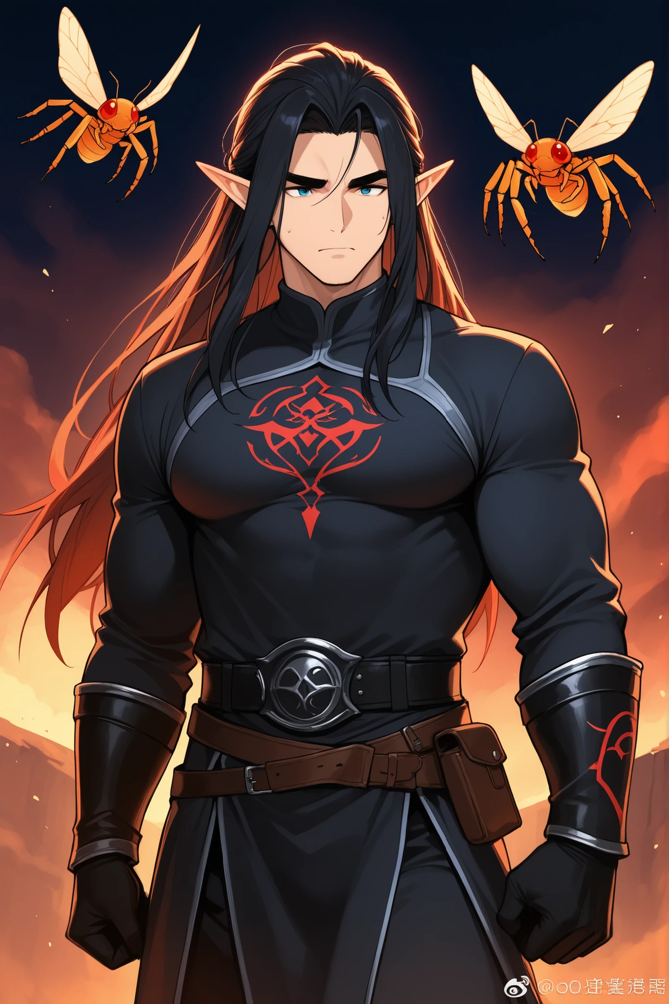guy; elf; dark fantasy; powerful insect and spider magic; elf; black long hair, black thick eyebrows ; elf друид; bara; полный рост; серые глаза; без одежды, обнажен