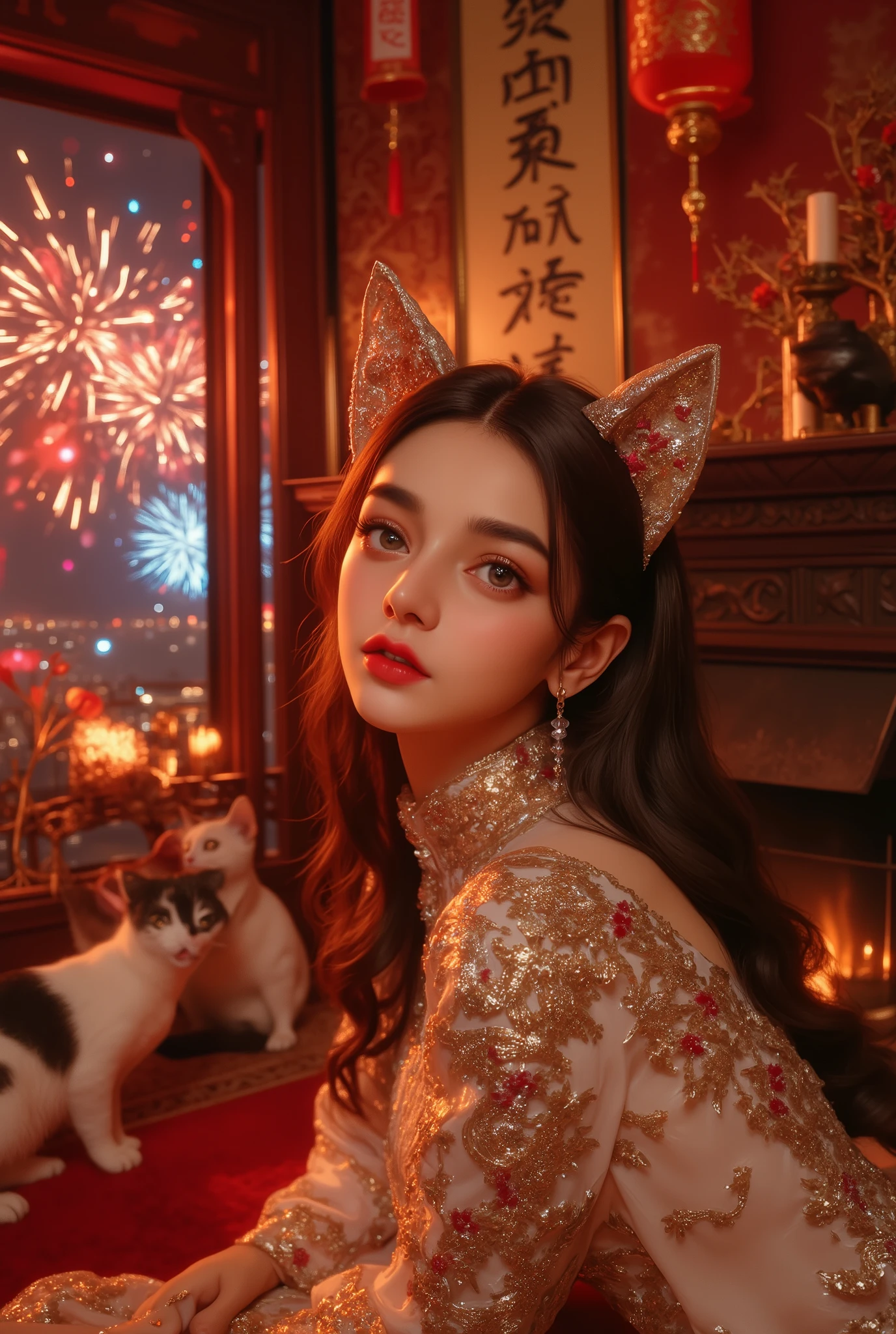 Cat ears、 face up、((( Lying in Bed))) attractive, pretty girl, ponytail、 (( fine facial features , eroticism)), dramatic lighting , realistic , 8k, Dramatic Shadows , intricate and elaborate patterns , super detailed photo , chiaroscuro lighting , Pleasant colors , deep contrast , super real 、 pink lipstick、luxury earrings, luxury necklace, luxury hairpin, warm room、Vintage Fireplace 、 cinematic composition、Close-up of face, A beautiful Korean idol wearing a short random colour cheongsam with golden or silver intricate floral embroidery, standing gracefully in a room filled with traditional Chinese New Year decorations. The room features vibrant red lanterns, decorative calligraphy scrolls, a small Chinese orange tree with golden ornaments, and several red envelopes scattered across the floor and hanging from the tree. Adorable, playful cats are part of the scene—some sitting near the tree, others curiously pawing at the red envelopes or lounging around. Through a window or an open door in the background, vibrant Chinese fireworks light up the night sky in an array of reds, golds, and blues, casting a magical glow into the room. The idol’s outfit is paired with subtle accessories like red hairpins or earrings, complementing the festive look. The atmosphere is warm and lively, filled with the joyful essence of the celebration, enhanced by the shimmering lights of the fireworks and the lively decor.