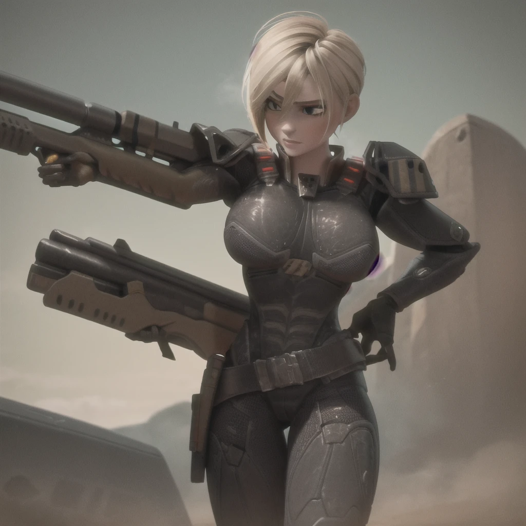 Milfycaroline, masterpiece, best quality, nsfw, Sgt Calhoun,1girl, science fiction, armor, holding rifle