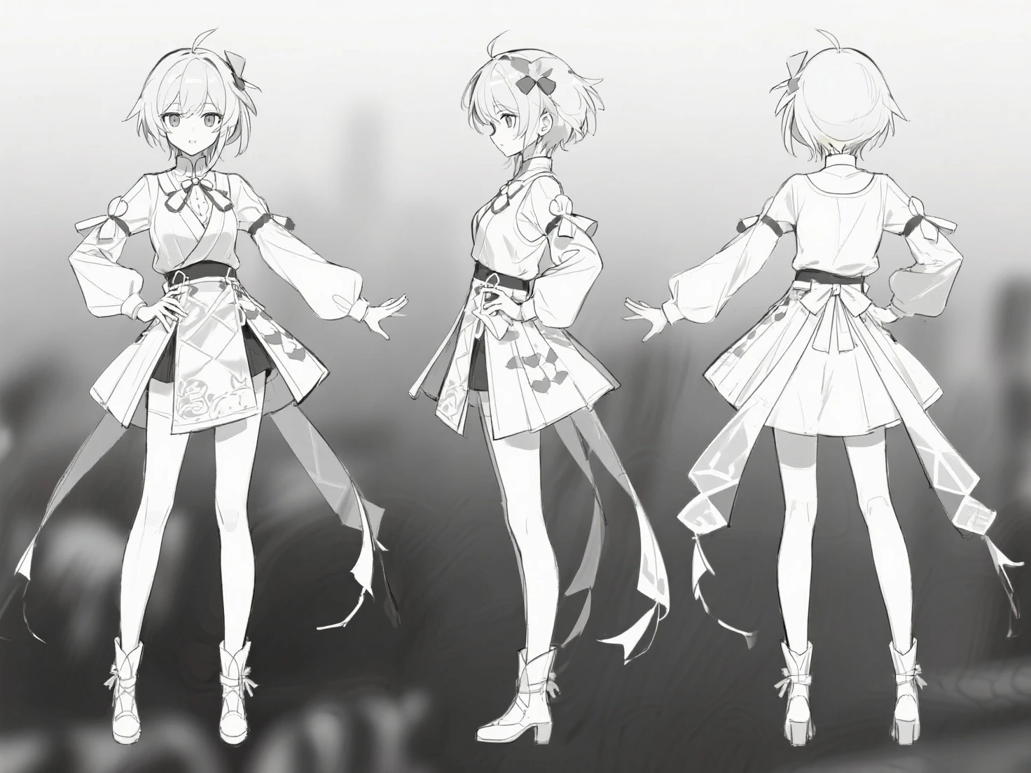 (masterpiece, best quality) detailed, girl, drawing reference, reference, lineart, sketch, dress, hips, short hair, leg tattoo (character design sheet, same character, front, side, back)