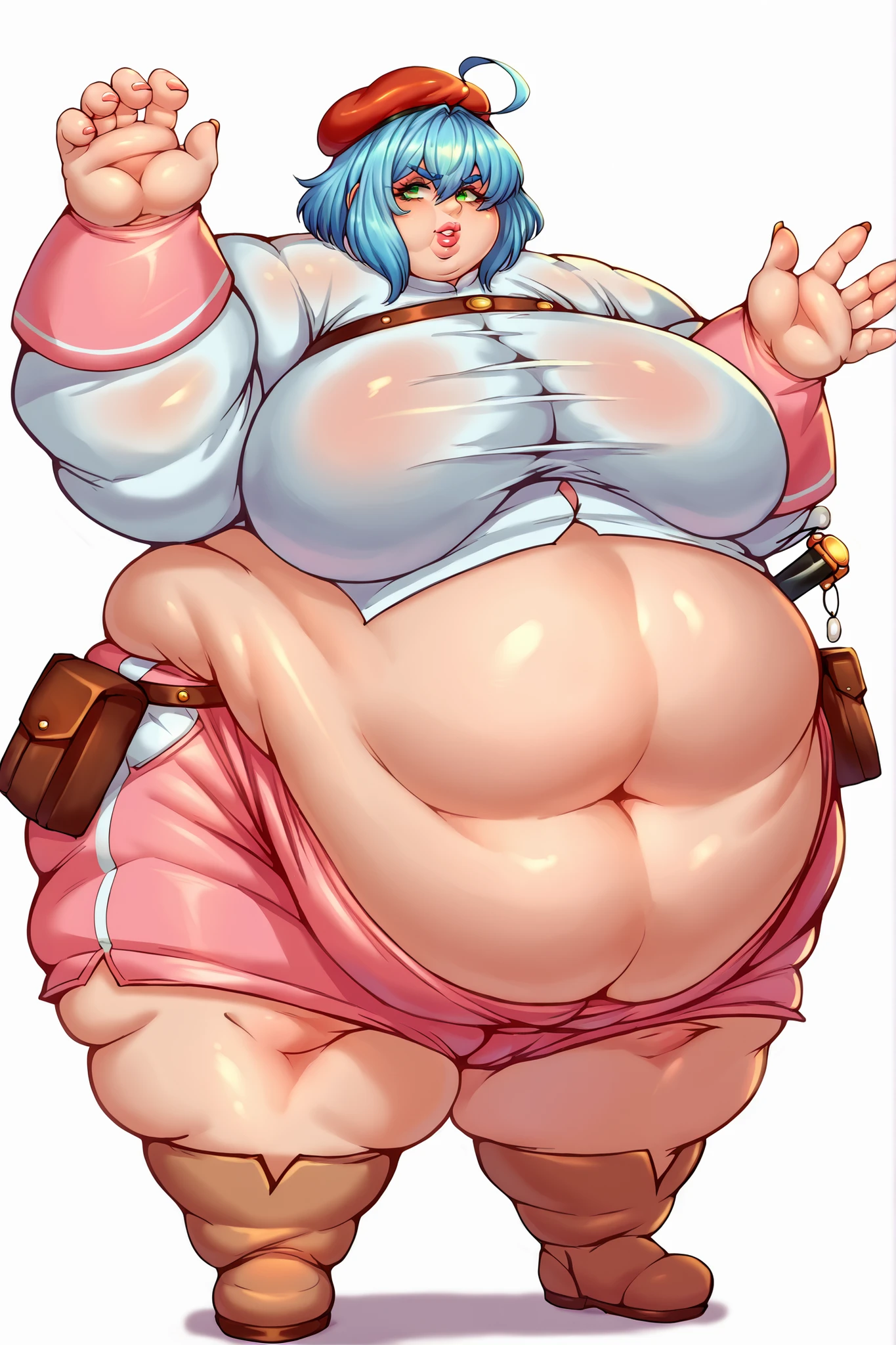(Full body, glasses, detailed), An image of a pregnant girl wearing a cheerleader uniform with her belly on full display. She is a very voluptuous lady, she has a smug face and she is barefoot. (She is very sweaty and steamy)