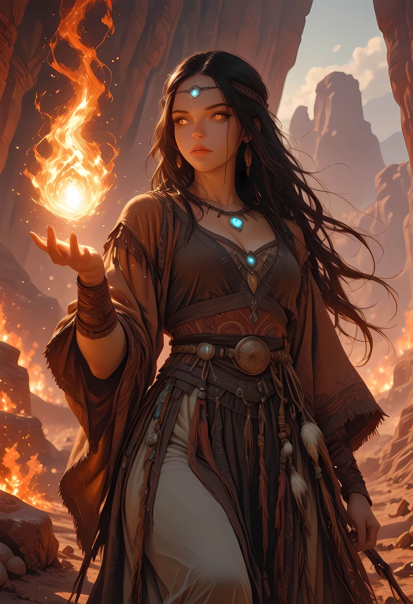 there is a Cherokee woman in the Grand Canyon she sits and meditates as the sun going down near a camp fire, she sees the canyon beneath, she wears traditional Cherokee clothes, small cleavage, she has long hair, black hair, almond shaped eyes, high details, best quality, 16k, ultra detailed, masterpiece, best quality, (extremely detailed), dynamic angle, RAW, photorealistic, fantasy art, high details, best quality, highres, glowing, ember, fantasy,