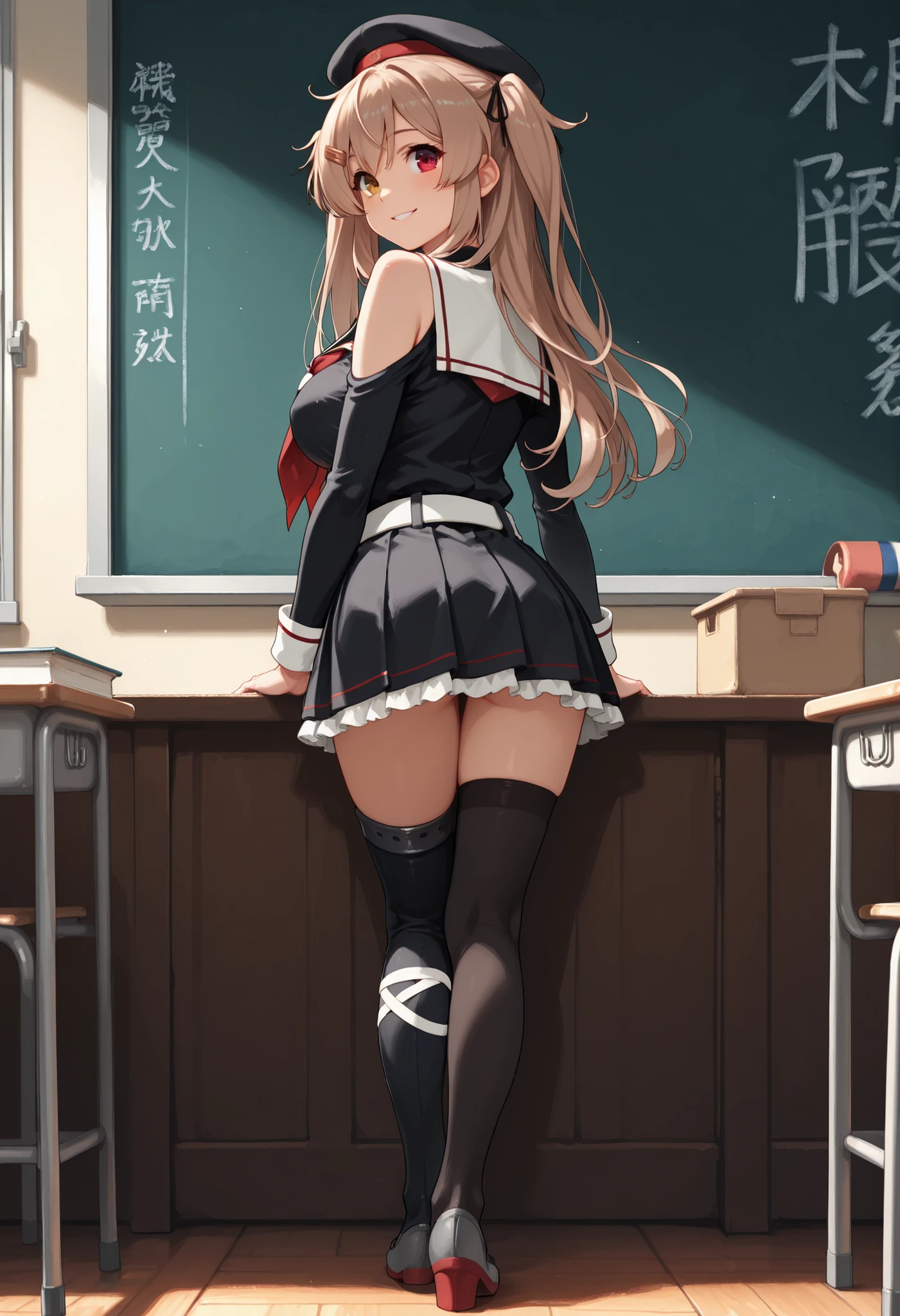 Murasame (KANCOLLE)、(Murayama Nikkantai collection),1 girl , score_9, score_8, score_7, source_anime, game CG ,masterpiece, Highest Quality, nsfw, masterpiece,Highest Quality,great quality,very aesthetic, light brown hair, 1 girl, solo, long hair, chest,hair ornament, , Red right eye, Brown Left Eye,Radiant Eyes, ribbon, uniform, hair ribbon, pleated skirt, sailor suit, , hair clip, black thigh high socks, transparent ear covers, black skirt, two side up, , Frilled Skirt, hair flap, Red Neckerchief, Asymmetrical Legwear, black sailor suit, uneven leg attire, asymmetrical clothes, white belt, Black Beret,,heterochromia, ,white sailor collar, bare shoulders,Inside is black,, classroom background, Big Breasts, slender body, full body shape , smile, about, Backshot, from behind
