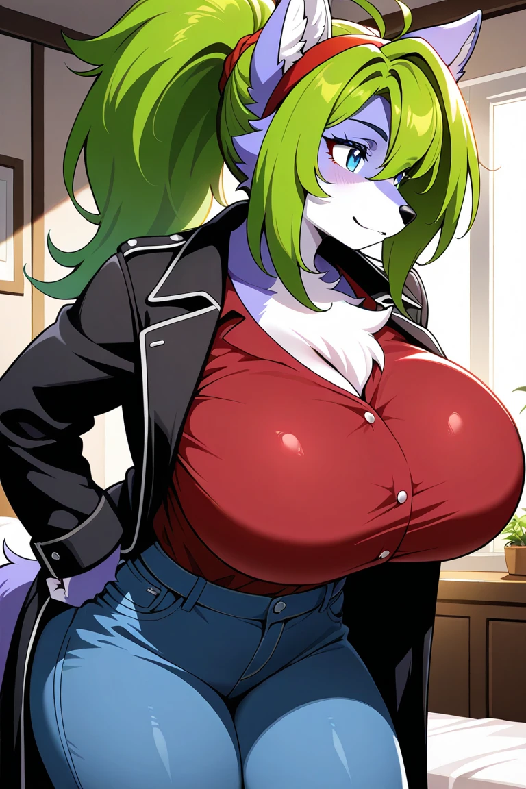 Shark girl, very sexy, big breasts, Wearing a short white sports shirt and shorts, Stick out your tongue and drool.