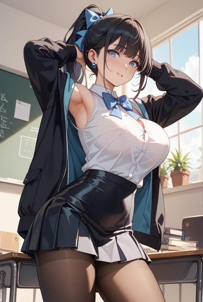 In the school hallway、A beautiful 40-year-old plump woman with short black hair and dark eyes stands。She is wearing a 、the skirt is tight and、Large breasts are emphasized。She put her arms around her back、With a smile、Looking at the camera。Her skin is glowing、Beautiful eyes、The facial details are precisely drawn。Very high resolution overall、A detailed CG image。