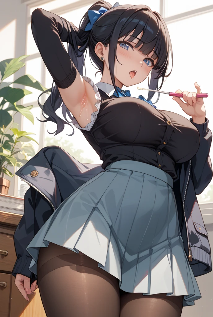 Anime drawing with clear colors. Full body drawing. Young wife is a former student council president. One adult woman. (White vertical striped sleeveless shirt with collar, one black line, black long skirt), (Morning Apartment Room Sexy)、 (Breakfast, table, wooden floor, waving goodbye, a refreshing smile), (Black hair, medium length, ponytail, straight hair, bangs swept to the side:1.9 Slanted eyes Brown eyes Tall Big breasts Strong Beautiful Cute) 