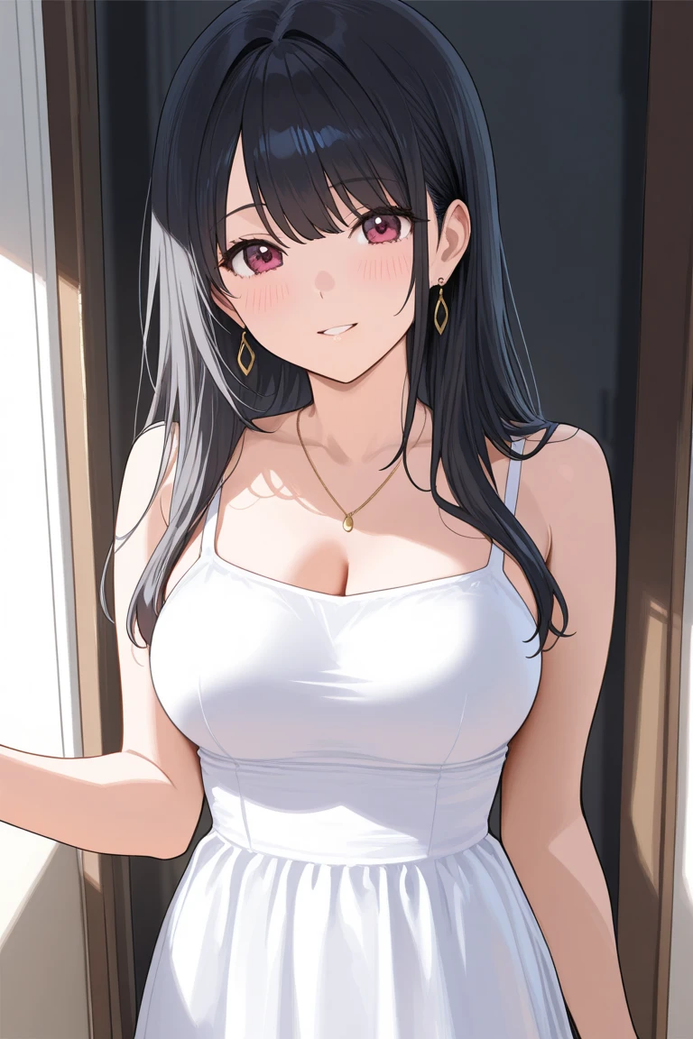 (looking to the side:1.5),leaning forward 、Shooting from the front、upper body,Realistic, real person, (pale skin: 1.2), RAW photo, photorealistic, shiny skin, shiny hair、 (A 25-year-old woman with medium-length hair and bangs) and (wavy hair) and (brown hair) and (Orange Eyes),smile、The background is the washroom,(yellow tank top)、opening the door