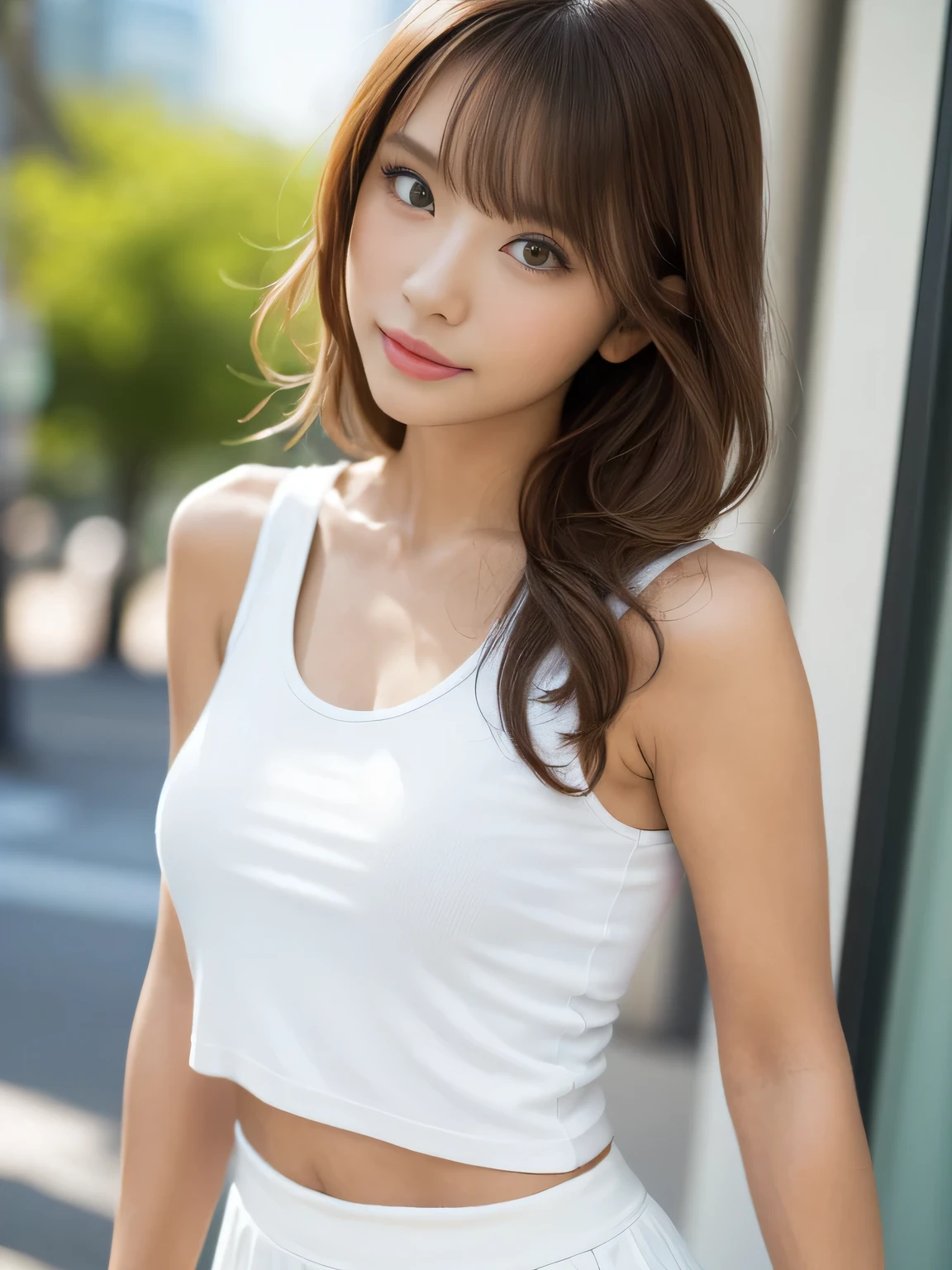 (8K、Raw photography、top-quality、​masterpiece:1.2)、(realisitic、Photorealsitic:1.37)、ultra-detailliert、超A high resolution、女の子1人、see the beholder、beautifull detailed face、A smile、Constriction、(Slim waist) :1.3)、The shirt、Beautiful detailed skin、Skin Texture、floated hair、profetional lighting、Pose with the whole body from head to toe、Snapshots of the city、Beautiful breasts with a slight cleavage、A sexy、夏天、White tank top、Navel Fashion、Denim shorts、espadrilles