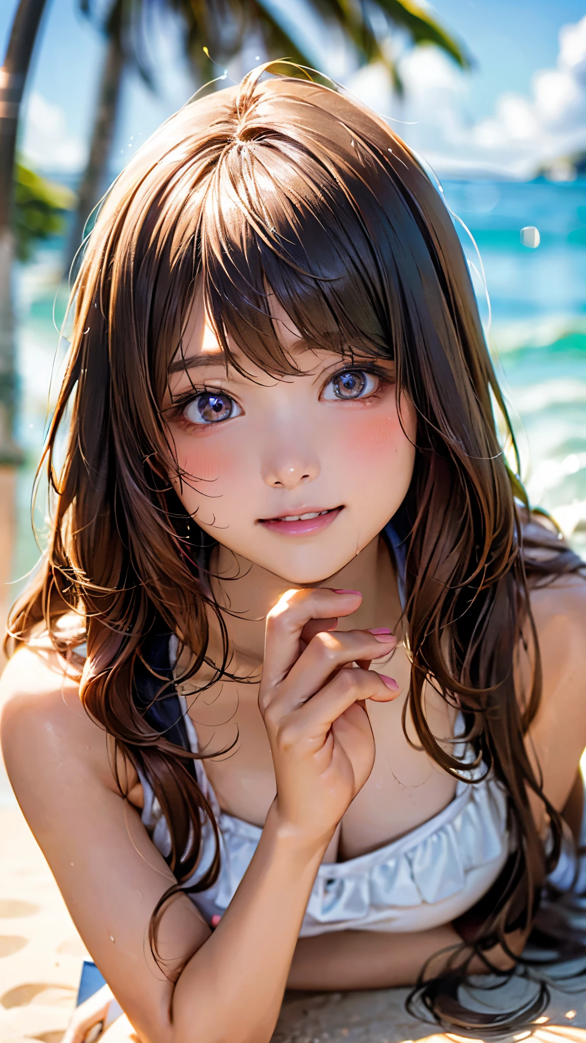 (on the table: 1.3), (maximum resolution: 1.2), (ultra high definition tv: 1.2), light, ultra high definition tv, (delicate eyes and skin), (detailed facial features), north african trade zone, 8K resolution, sharp focus: 1.2, perfect style, pretty face, Perfect body, precise, anatomically correct, Highly detailed facial and skin textures, delicate eyes, dark blue eyes, double eyelids, Thin eyebrows, glitter eyeliner: 1.2, natural cheeks, shiny skin, White skin: 1.2, sparkly necklace and earrings, (glossy lips: 1.4), rest, one person's point of view, (She is a very cute female teacher), (pink lace), (seduct smile: 1.2), ((innocent and cute girl:1.3)), (long wavy hair), (light brown hair:1.2), (cowboy shooting: 1.2), rest, ((Very intimate: 1.2)), Medium large breasts, ((looking at the audience:1.2)), ((On the beach:1.2)), ((bend the knees and open the legs:1.2)), (from the side:1.2),low angle shot sleeveless knitted sweater frilled skirt Embarrassed look lying on your back