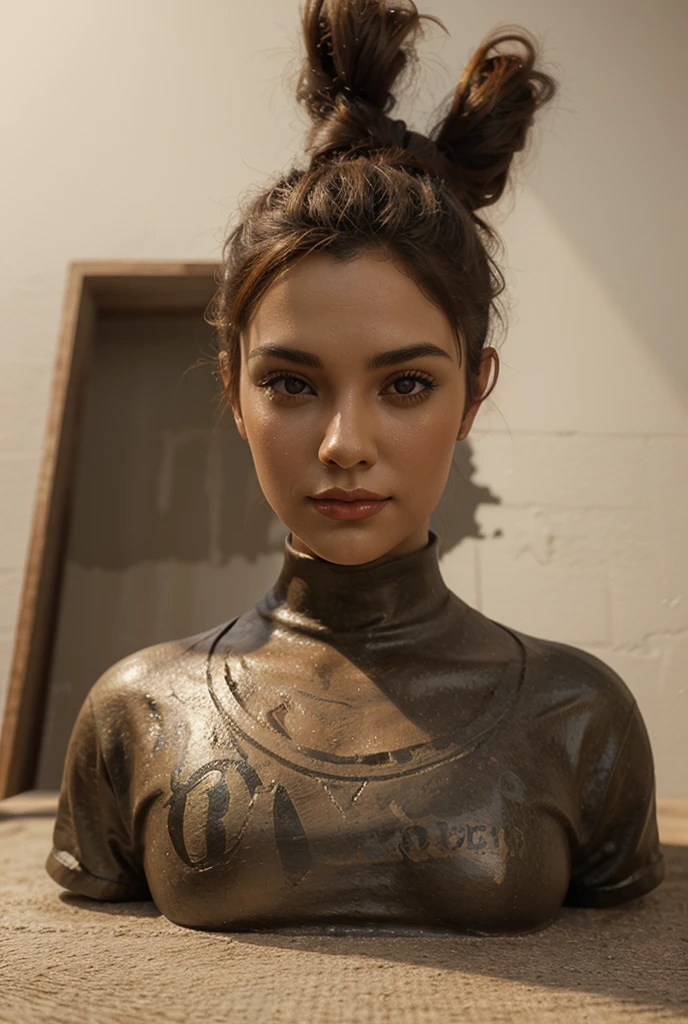 Terracotta Girl in knitted full Body suit, DARK Hairbun, Freckles, dystopian Sci-fi, as wing commander