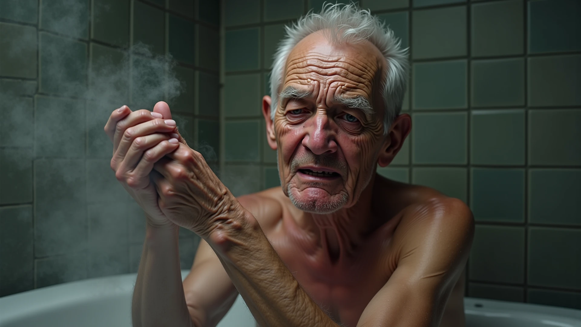 Real image of old man bathing himself
