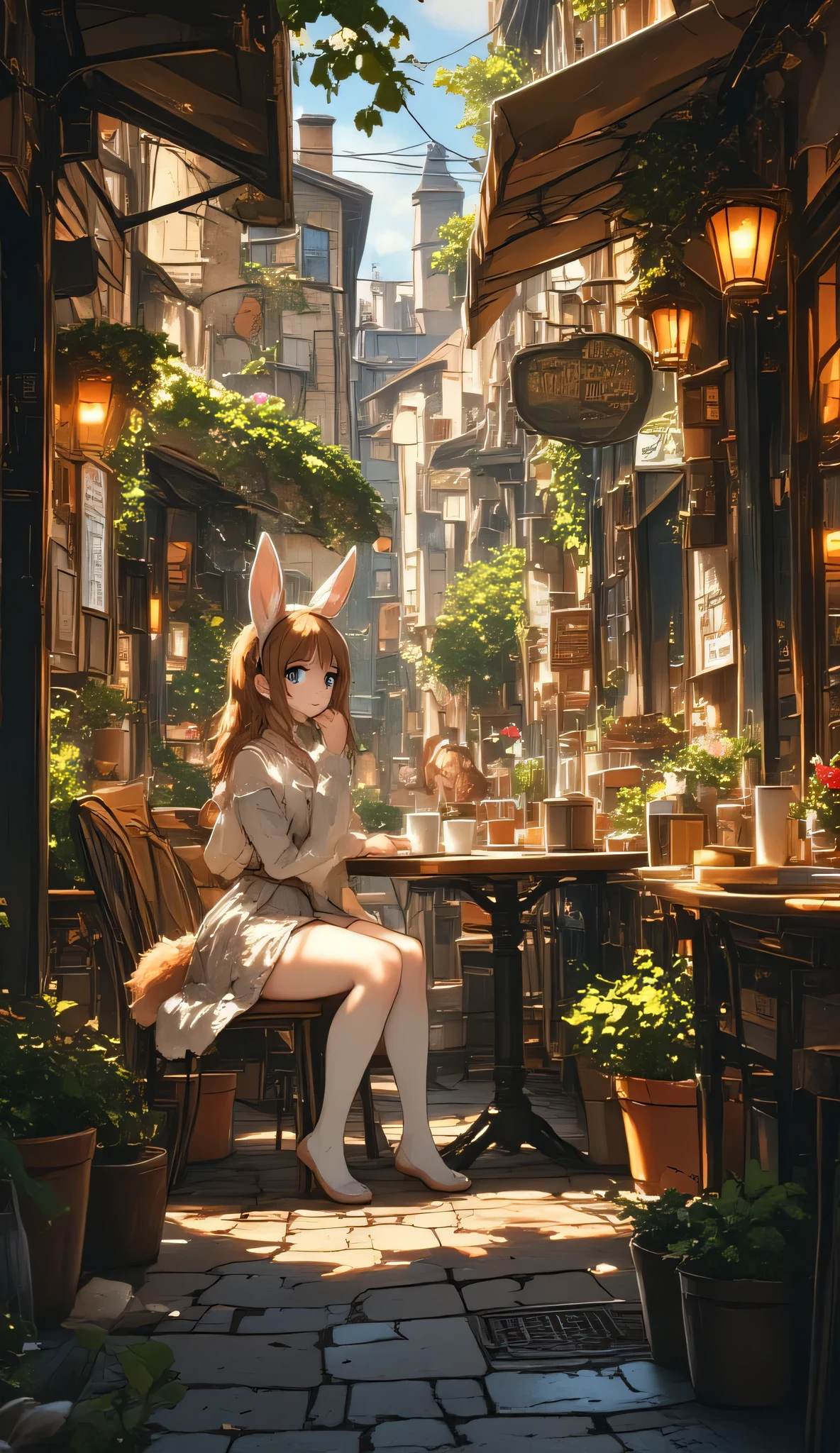 European backstreets, open café, furry girls (bunny ears, behemoth girls, cute dresses) relaxing with coffee at open café table, sitting on chairs, looking at us, elegant aesthetic style. Cobblestones, potted flowers, many stone buildings, warm lighting, romantic atmosphere, dreamy, comfortable ambiance, cinematic landscape, cozy cafe city, professional sharp focus, realistic beautiful street view
(masterpiece, high quality, high resolution, 4k, 8k, detailed, beautiful digital illustrations),