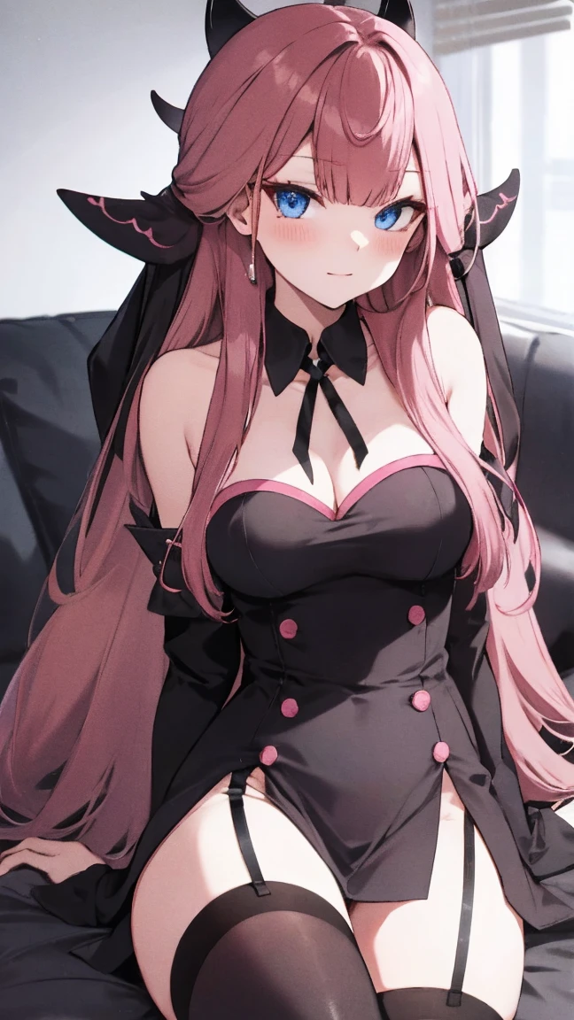 absurdres, high res, ultrasharp, 8K, {masterpiece}, expressive eyes, best quality, perfect face, 1 girl, solo, honami ichinose, long hair, blonde hair, (purple eyes:1.1), hair between eyes, bedroom, lingerie, standing, contrapposto,
