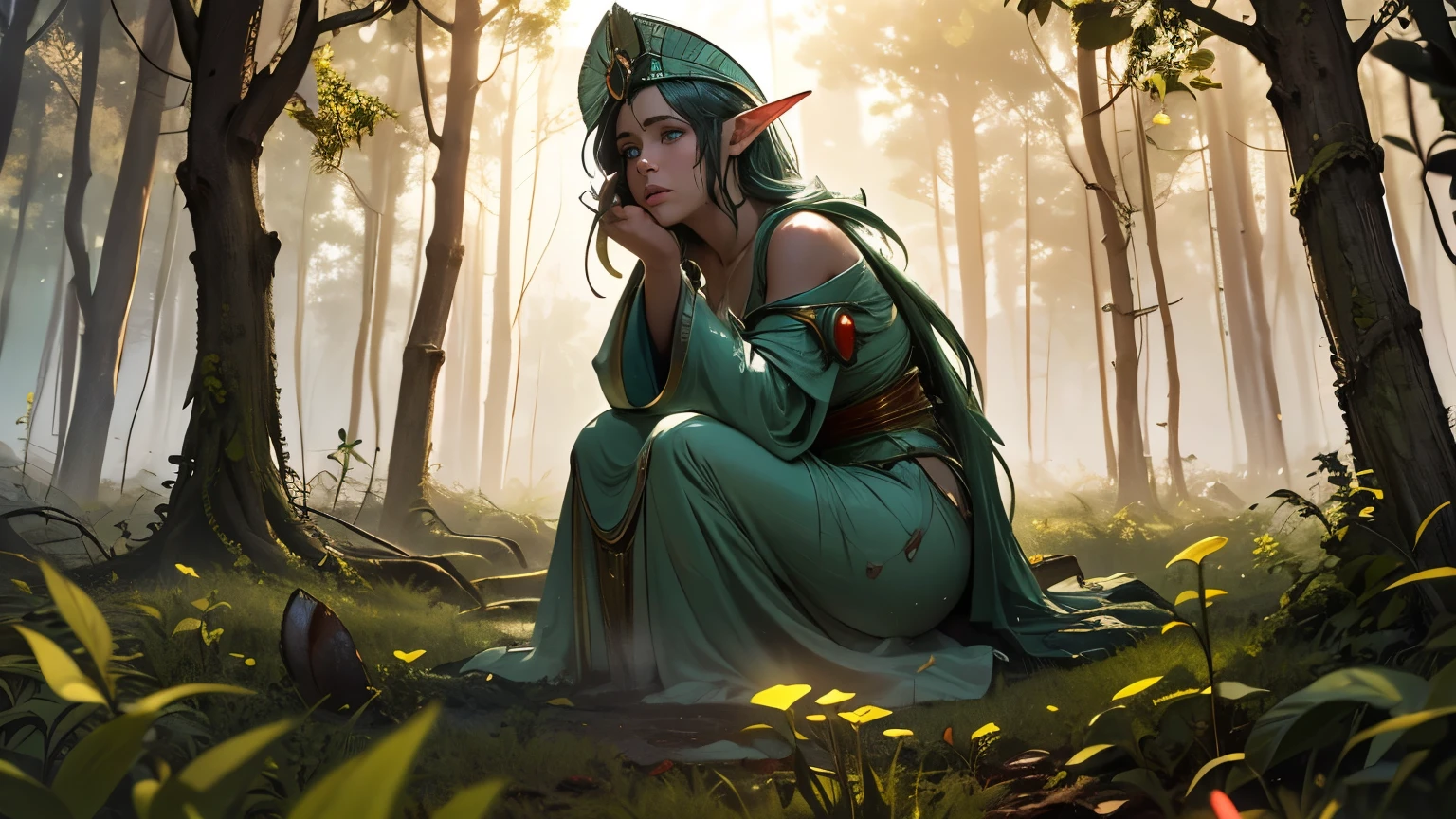 A sorrowful Eldar goddess sits alone in the grotesque Garden of Nurgle (elf goddess), surrounded by decaying flora and rotting life. She is Isha, the goddess of healing, her body wounded and trembling, seated on a twisted root with one hand clutching her side, glowing faintly as she tries to heal herself. Her torn robes cling to her form, tangled with sickly vines and fungal growths. Her long hair falls messily around her face, eyes downcast with quiet pain but determination. The garden is a nightmarish vision—diseased trees loom, giant flies buzz, the air thick with noxious fog. Mushrooms and pustules cover the soil. Faint golden-green light radiates from her hand, creating a subtle contrast with the corrupted world around her. The scene is gothic, semi-realistic, with deep shadows, heavy atmosphere, and dramatic lighting from a sickly sky above. Cinematic composition, 16:9 ratio.