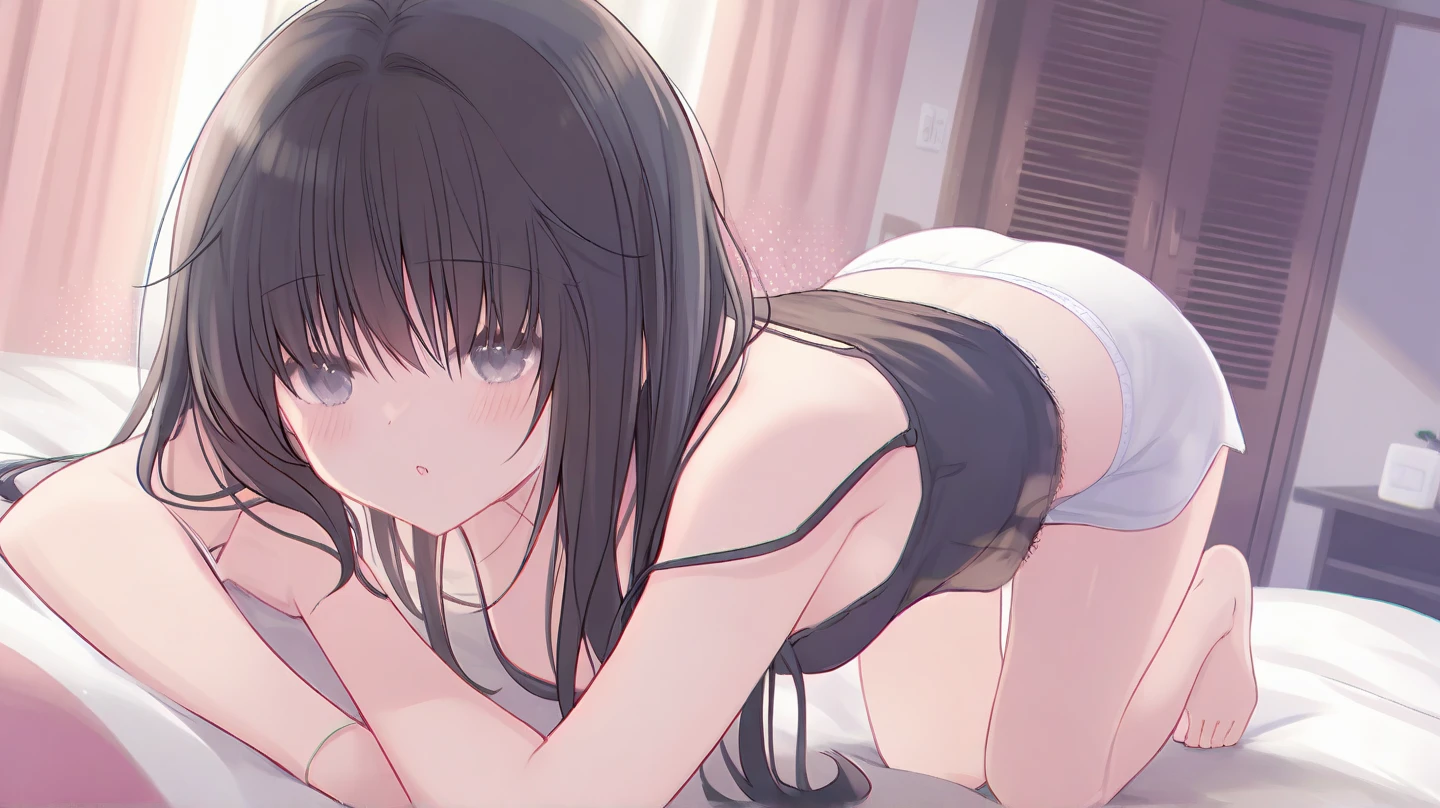 (((blurry background))), on bed, solo, (((8k,Best Quality)), Masterpiece, from below, black bra, on all fours pose,
