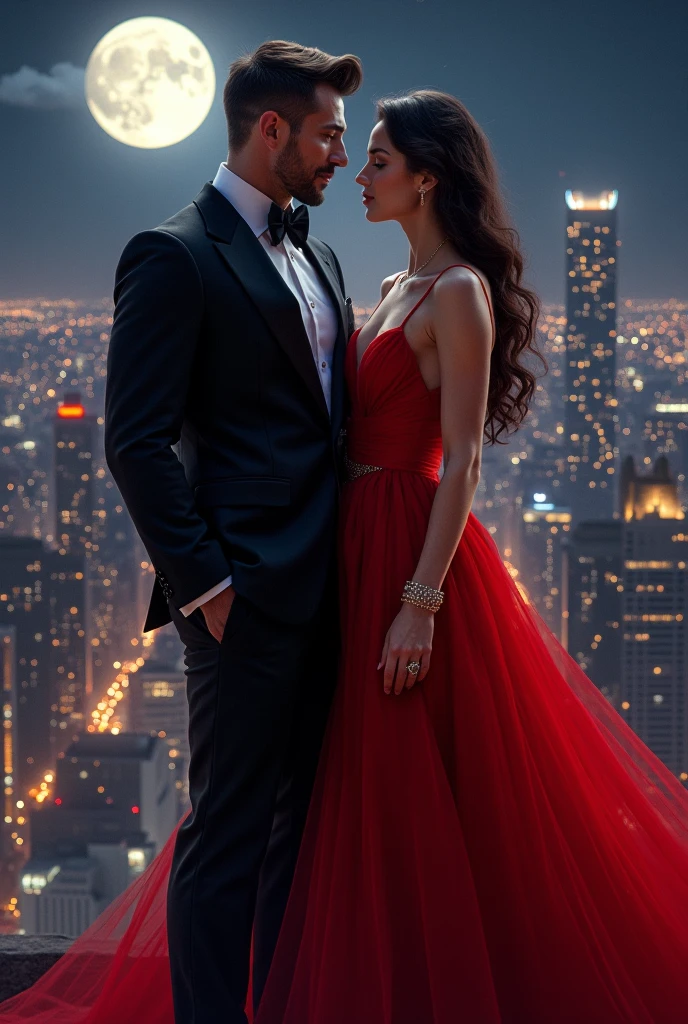 A tall man in suit and a lady in a red dress facing front