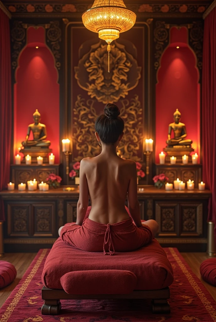 a beautiful girl in orange lingerie, huge breasts, enormous buttocks, embracing, sitting on massage bed, fox ears, in a luxurious spa, a golden tantric figure in the background, candles in the background, soft lighting, high quality, photorealistic, 8k, ultra-detailed, masterpiece, realistic, vivid colors, dramatic lighting, sensual, erotic, fantasy, elegant, sophisticated