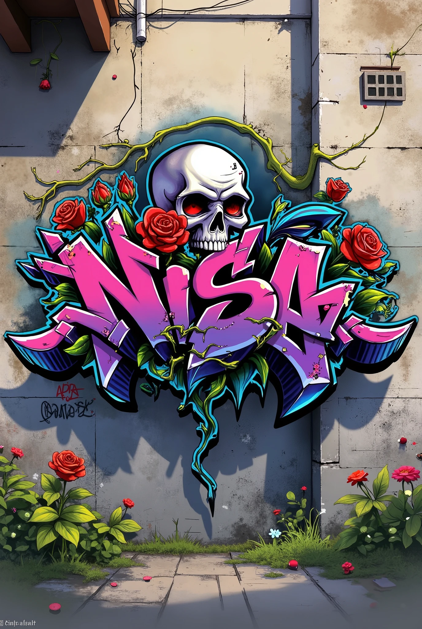 Cool graffiti spelling pink blue 'Nisa' on a stone wall background, skull combined with red roses, roses around the graffiti, creeping roots, Chinese