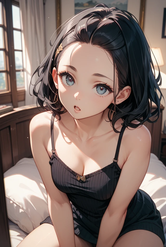 ((best quality, masterpiece, highres, UHD, 8k wallpaper, extremely detailed, perfect pixel, perfect anatomy)), (skin texture:1.2)), 1sakurajimamai, anime character, 2d, sketch art, one anime woman, sad, blushing, black hair, busty, medium breasts, cleavage, POV, close up, looking at viewer, ((nightgown, black dress)), (detailed eyes, beautiful eyes), (indoor, bedroom)