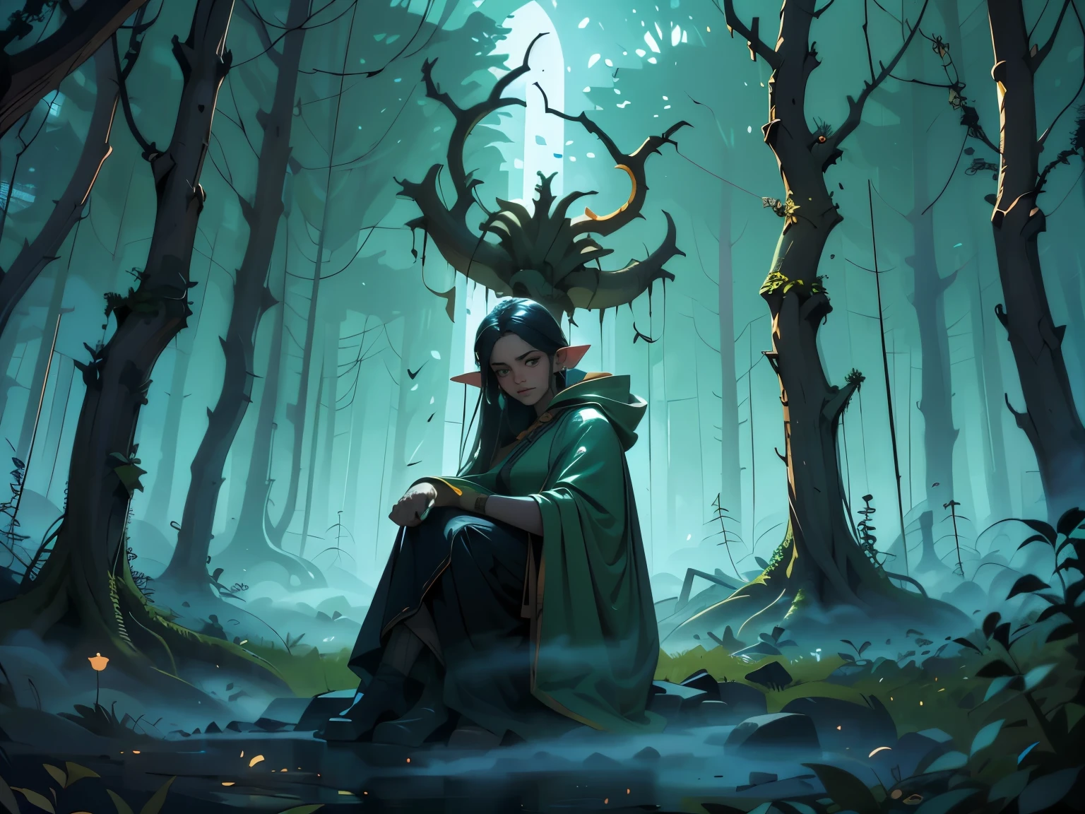 A sorrowful Eldar goddess sits alone in the grotesque Garden of Nurgle, surrounded by decaying flora and rotting life. She is Isha, the goddess of healing, her body wounded and trembling, seated on a twisted root with one hand clutching her side, glowing faintly as she tries to heal herself. Her torn robes cling to her form, tangled with sickly vines and fungal growths. Her long hair falls messily around her face, eyes downcast with quiet pain but determination. The garden is a nightmarish vision—diseased trees loom, giant flies buzz, the air thick with noxious fog. Mushrooms and pustules cover the soil. Faint golden-green light radiates from her hand, creating a subtle contrast with the corrupted world around her. The scene is gothic, semi-realistic, with deep shadows, heavy atmosphere, and dramatic lighting from a sickly sky above. Cinematic composition, 16:9 ratio.