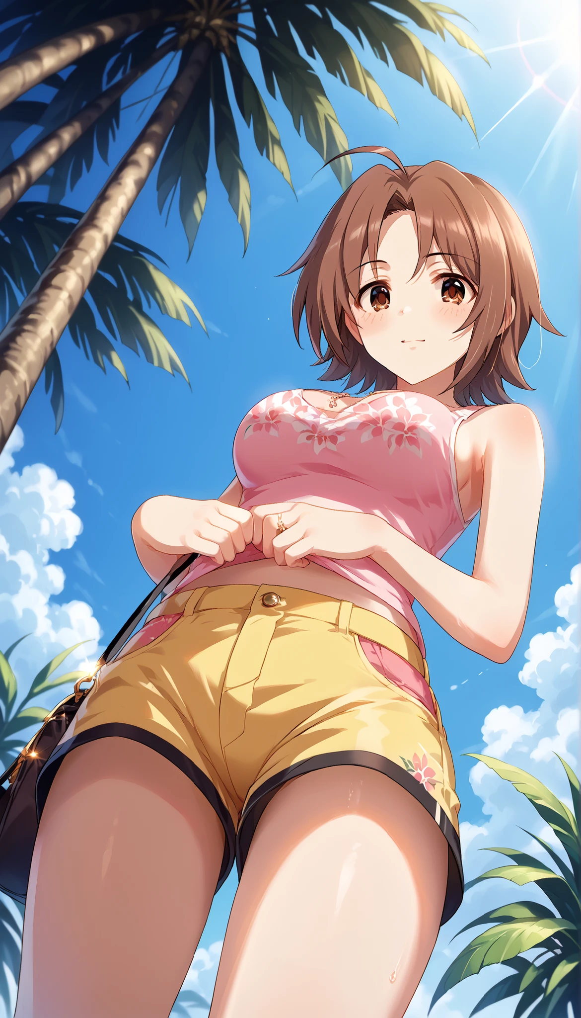 miyoshi kaya, light brown hair, high ponytail,orange eyes, parted bangs, forehead,
1girl,solo,looking viewer,,,,outdoor,flat chest,,camisole,panties,,ass,from back