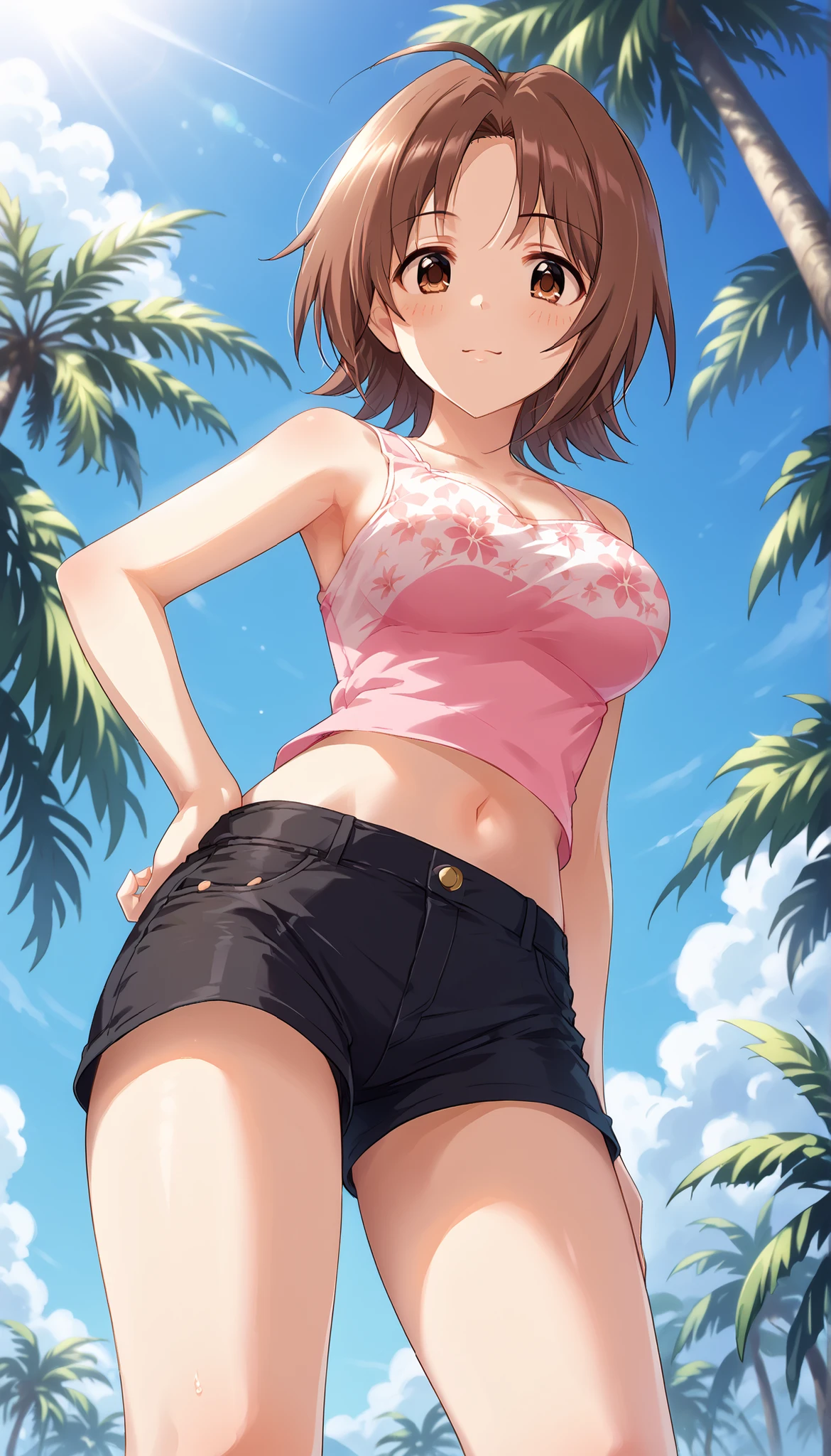 X-rated,Under the legend,Chara, girl,Red-eyed,Smile,Sexy,green,Chest leak,short crop top,hot pant,Stalling's gull body standing painting,posture,with short brown haice turned red,Underwear model,lust,Hand repair,detail, clothing,HD,no underwares, television show,Upturned buttocks,stick out your tongue,Playful,love heart,Buttocks close up,sweat,back view,big ass