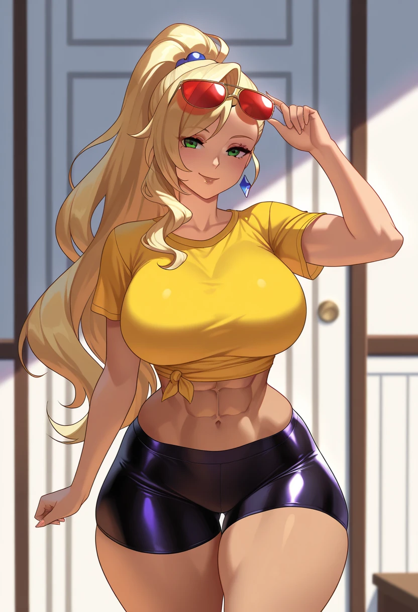 Red eyed Sexy short twintails blonde with big boobs and wide hips wearing yellow cross neck wrap underboob cut bikini