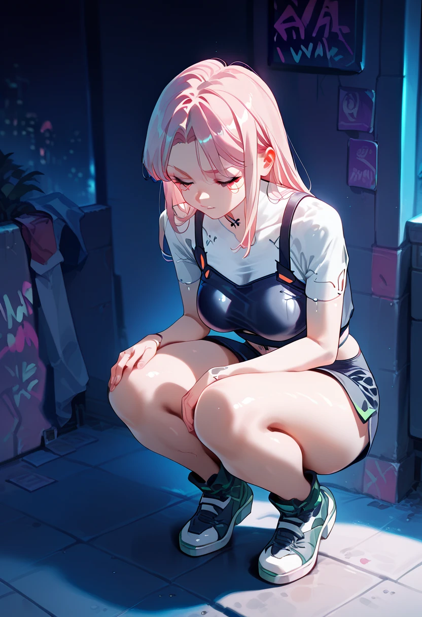 ((Masterpiece)), retina, wide-shot, cinematic lighting, very messy hair, (crazy smile face, badly tattered dirty cheep camisole, exposed breast, Slender small breasts), (empty Inorganic and very clean pure white room, Restraints with handcuffs), Textured skin, light purple hair, Cute Beautiful girl