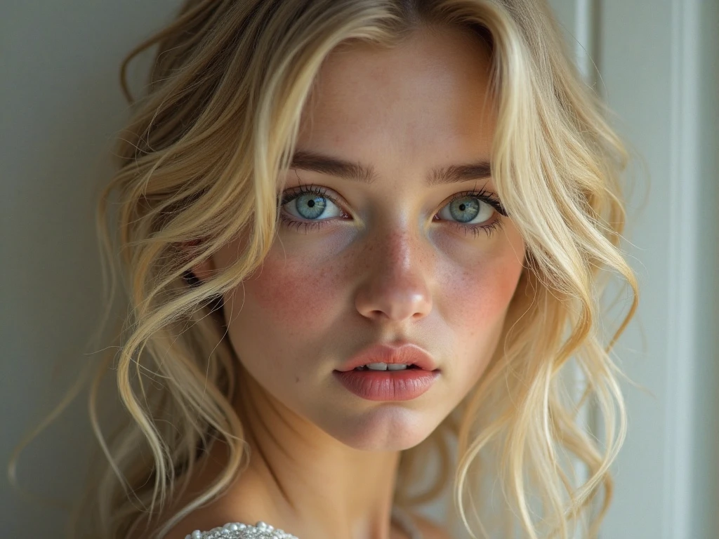 blonde girl, alone, (25 years old:1.3), beautiful lady, (Blonde extra long wavy hair:1.3), Detailed face:1.2), ((Detailed face features:1.3)), Delicate skin, perfect skin, charming breast, ((portrait:1.3)), wrapped in a silk cloth, Bedroom environment, (Lying in bed:1.3), (Cool color scheme:1.2), wet, tired, light blush, Reflective surface, (current:1.3), (High resolution:1.3), ((Realistic:1.4)), masterpiece, real details, shallow depth of field