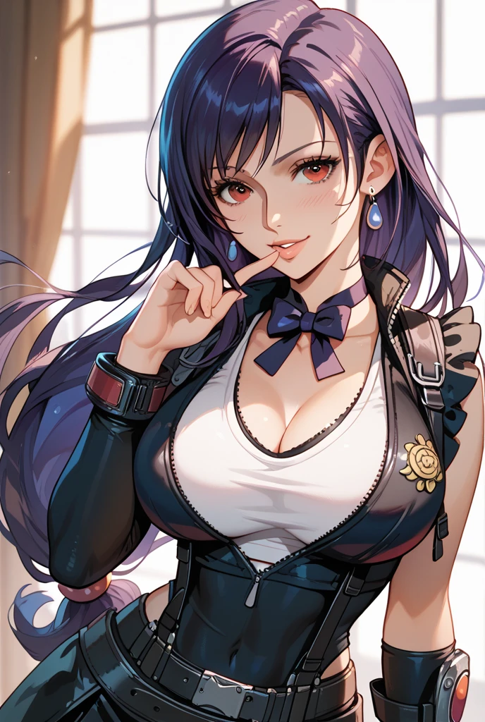 master-piece, hyper quality, hyper detailed, perfect drawing, CG, 3D, 8k, illustration, solo, beauty, purple-haired ponytail, ((only one horn grows from the middle of the forehead))), height 190cm, bountiful breasts, L cup bust 108cm, ((purple leather pantsuit))), (( The upper body is naked and wears only a jacket with only one button)), ((no bra))), skinny pants (low-rise pants), (holding an ultra super big sword in his hand: 1.5), cute smile, round big buttocks, cleavage, fluffy chest, isekai fantasy, townscape similar to medieval Europe, cobblestones, castle on a distant mountain, beautiful background, natural light, high-resolution, shooting from the front obliquely below, professional camera,