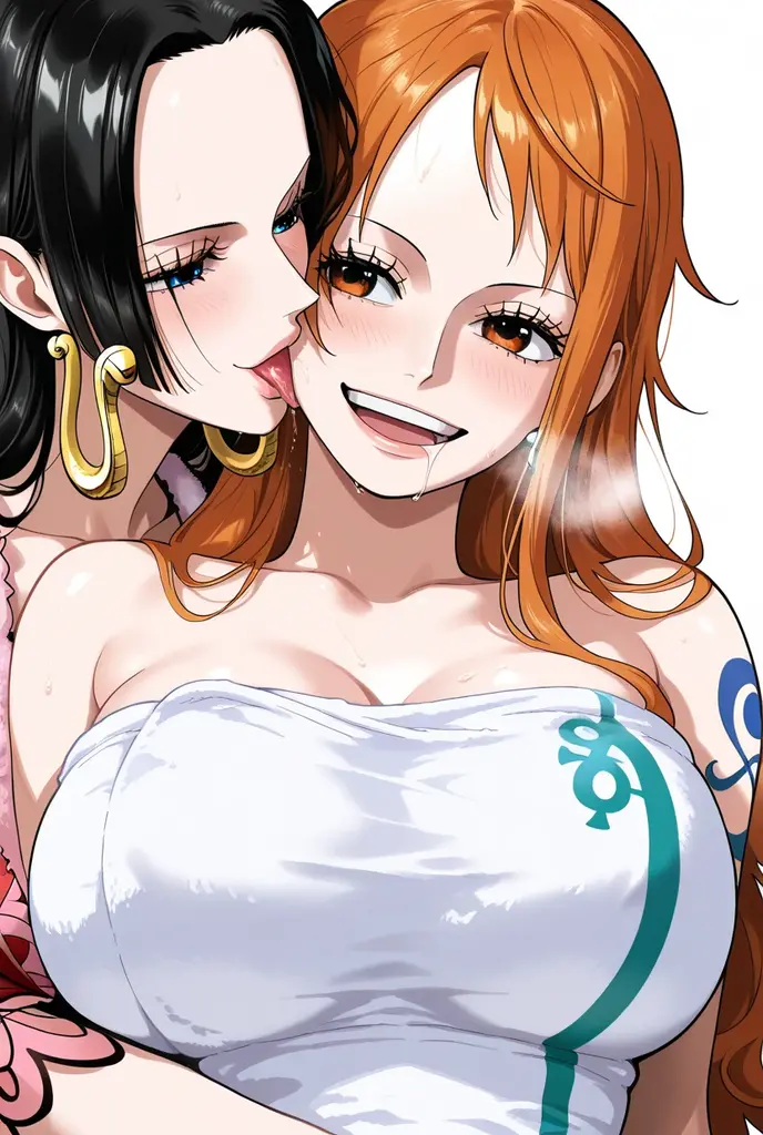 score_9, score_8_up, score_7_up, score_6_up, source_anime, BREAK by ikuchan kaoru, iku, clean color, flat color, sitting, indoors, presenting breasts, couch, clothed, ((2girls)), one piece, BREAK, nami (brown eyes, orange hair), boa hancock (blue eyes, black hair), nami and boa hancock, boa and nami, breast press, chest press, smug, smug grin, , aged down, , small, teen, teenager, teengirls, young, extremely young, tiny