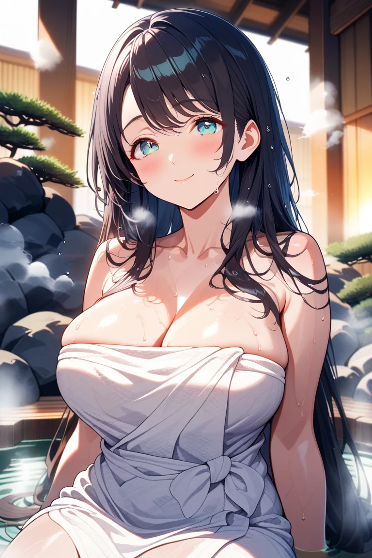 best quality, extremely detailed, anime style adult 1girl, long hair down to the waist, straight hair, ((dark black hair with bluish)), beautiful detailed eyes, pinched eyes, dark blue eyes, huge breasts,curvy,((castle in hot spring)),(((lightly bath towel))),relax,relax expression,soft smile